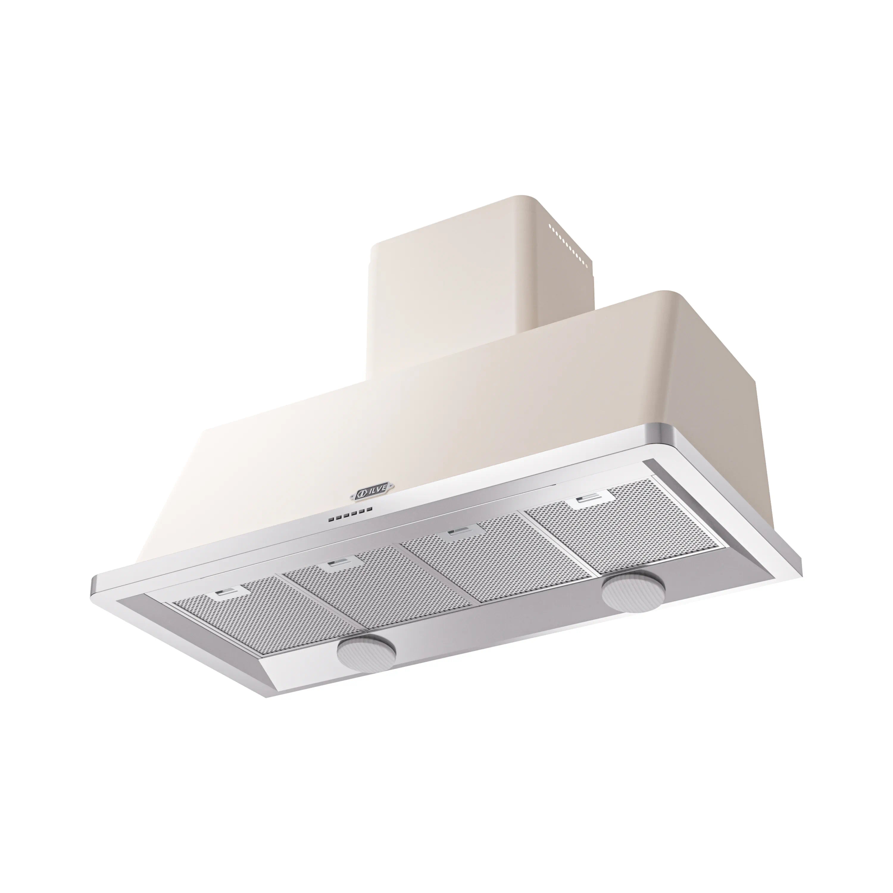 Antique white wall mount range hood with baffle filters and circular control knobs