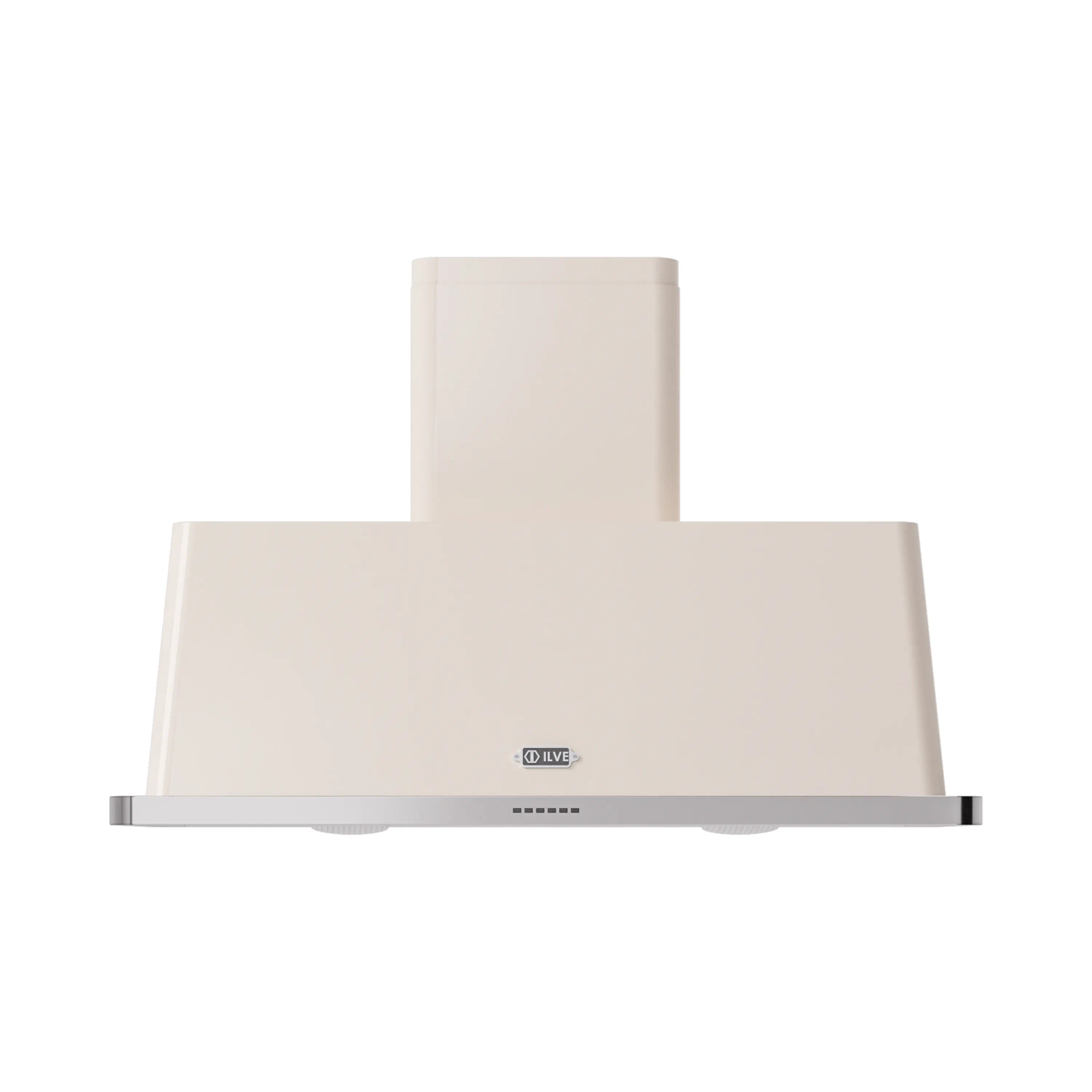 Antique white wall mount range hood front view with vent panel and control strip