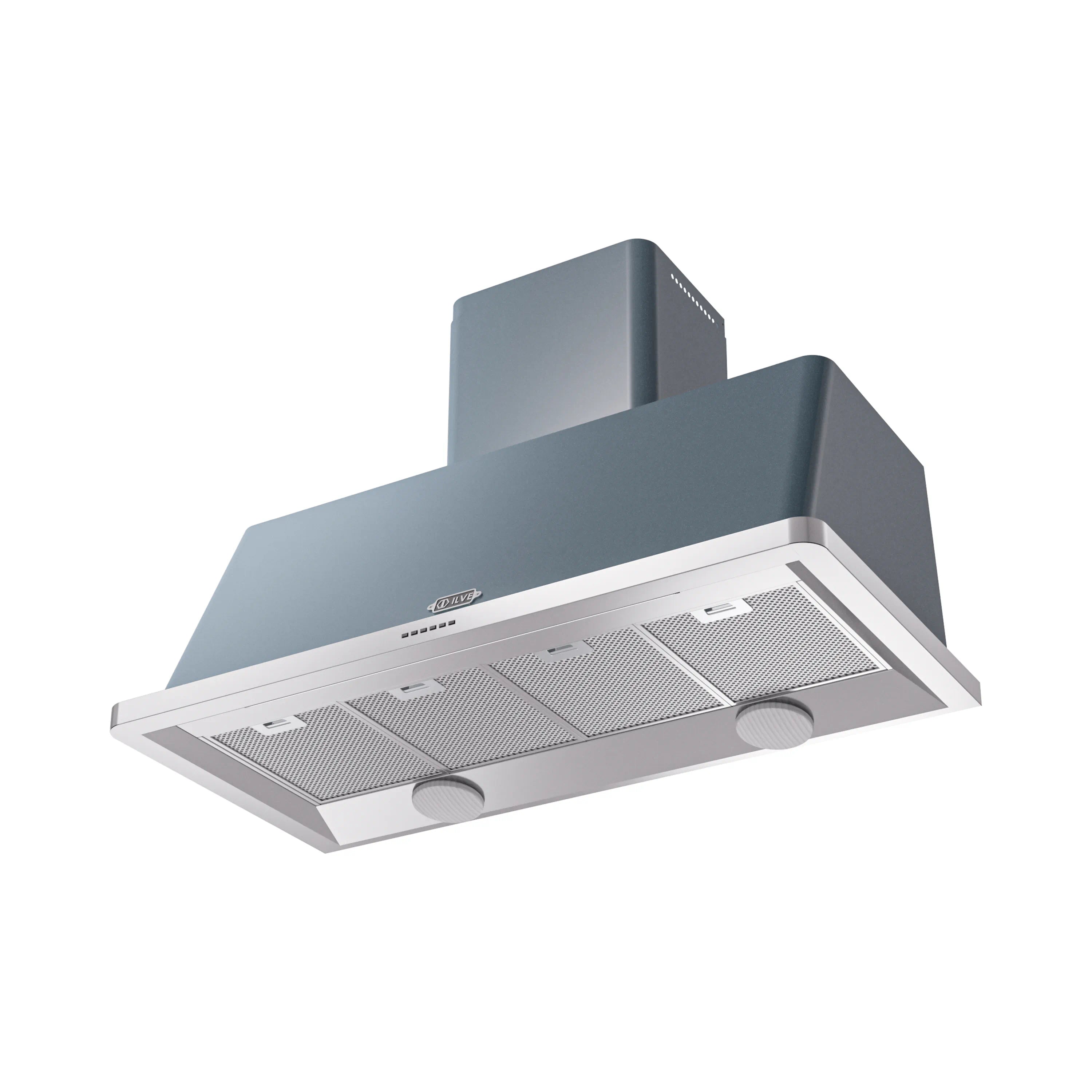 Blue grey wall-mount range hood with mesh grease filters and circular fan vents