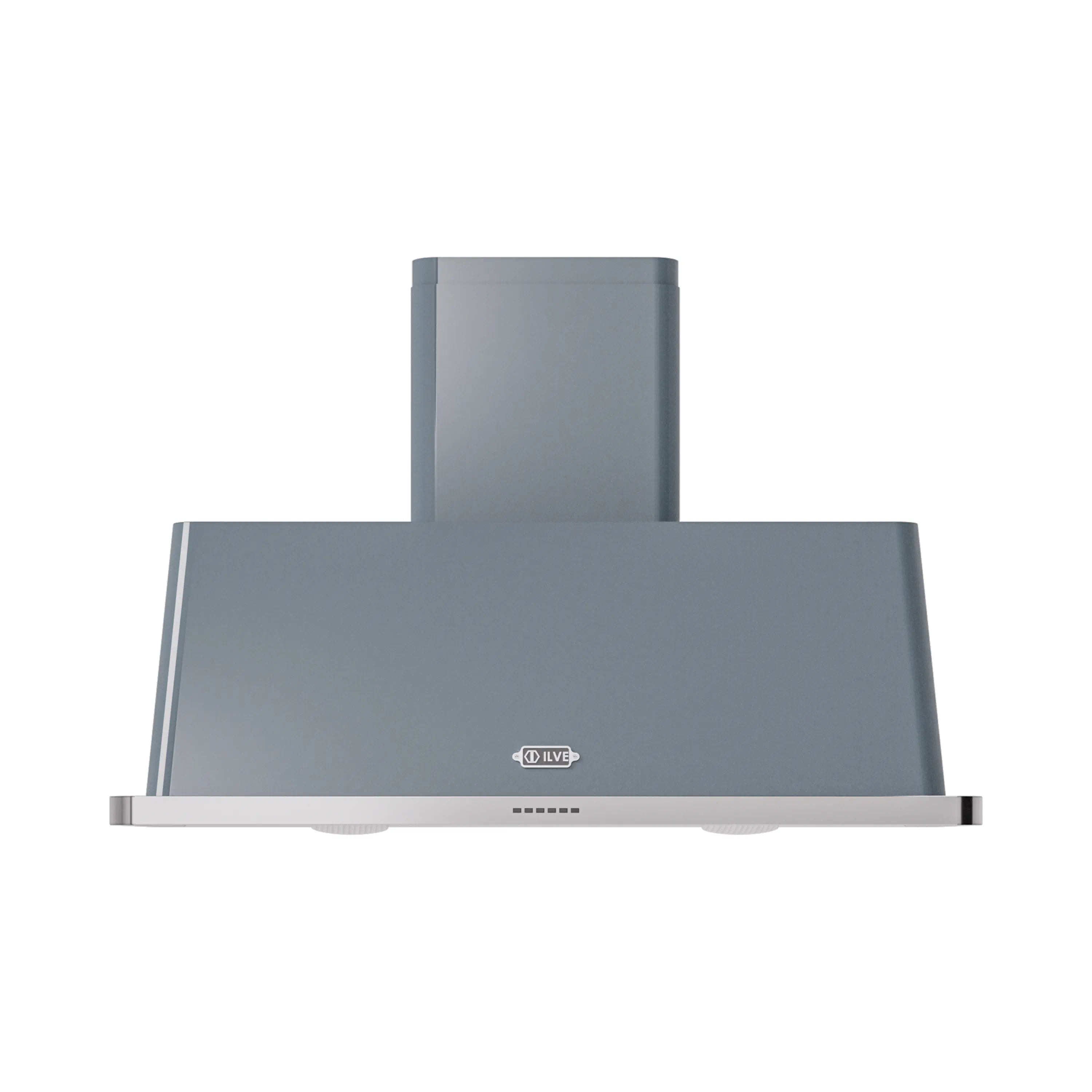 Blue grey wall-mount range hood with LED control panel and slim chimney
