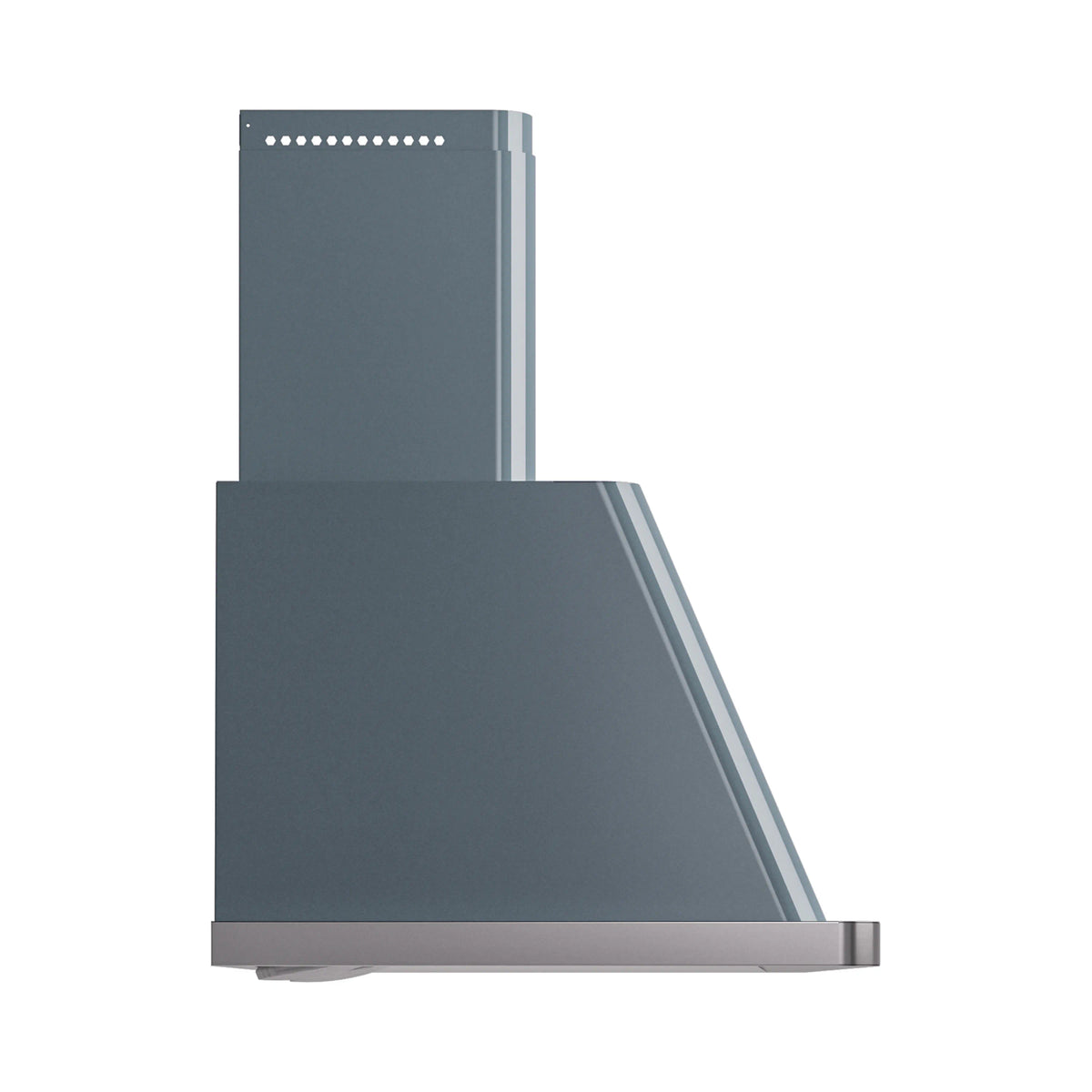 Blue grey wall-mount range hood with chimney and angled front vent trim