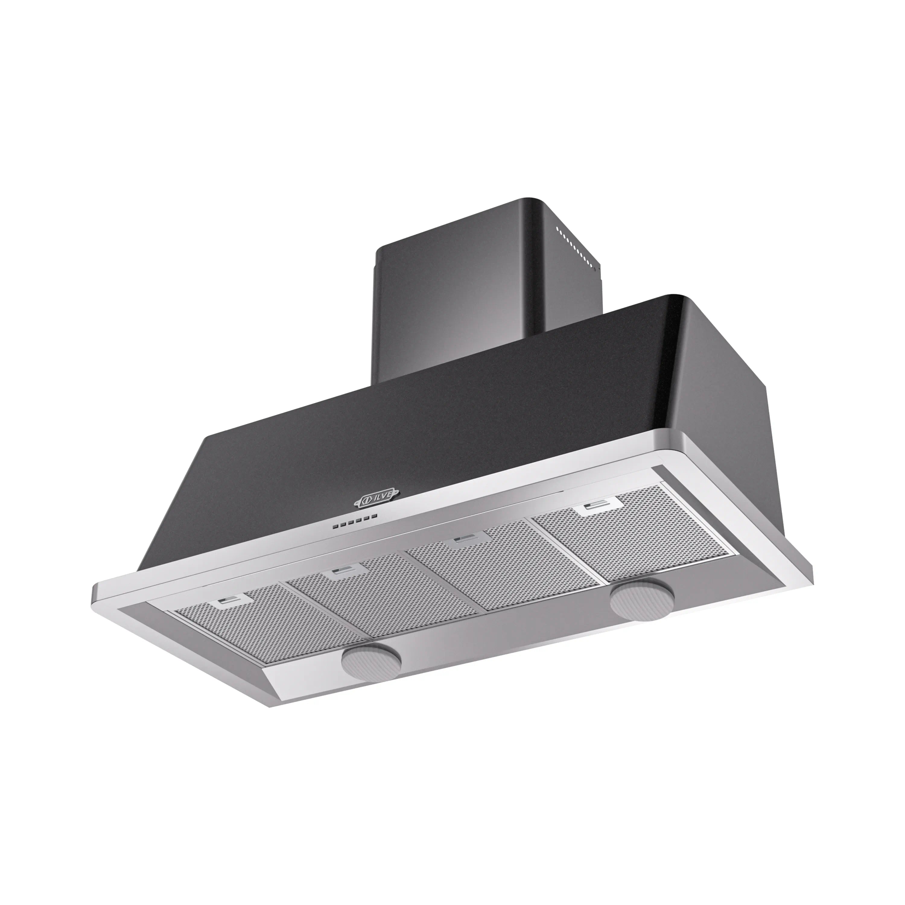 Black wall range hood underside with metal mesh filters and two round fan knobs