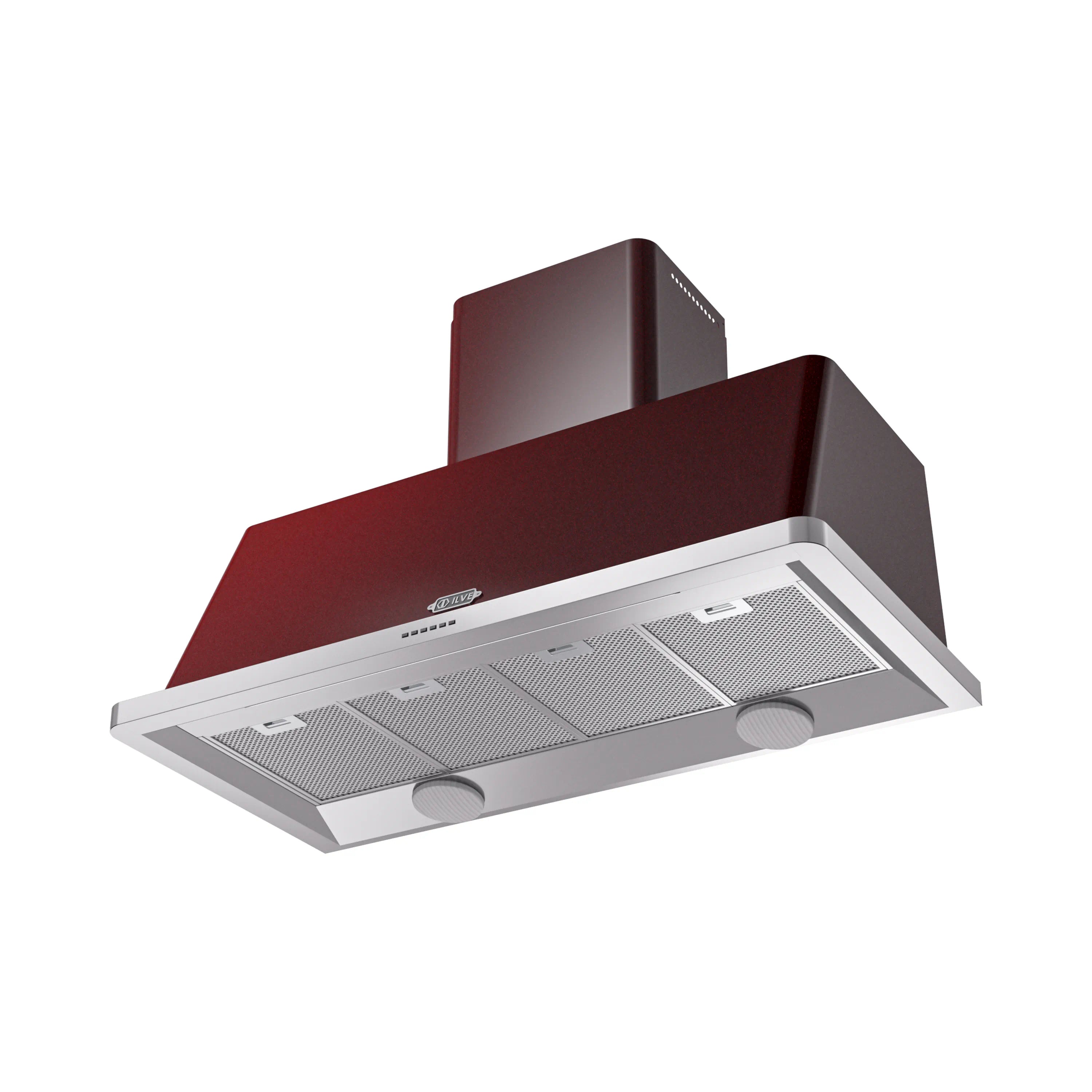 Burgundy wall-mount range hood with stainless mesh filters and two round knobs