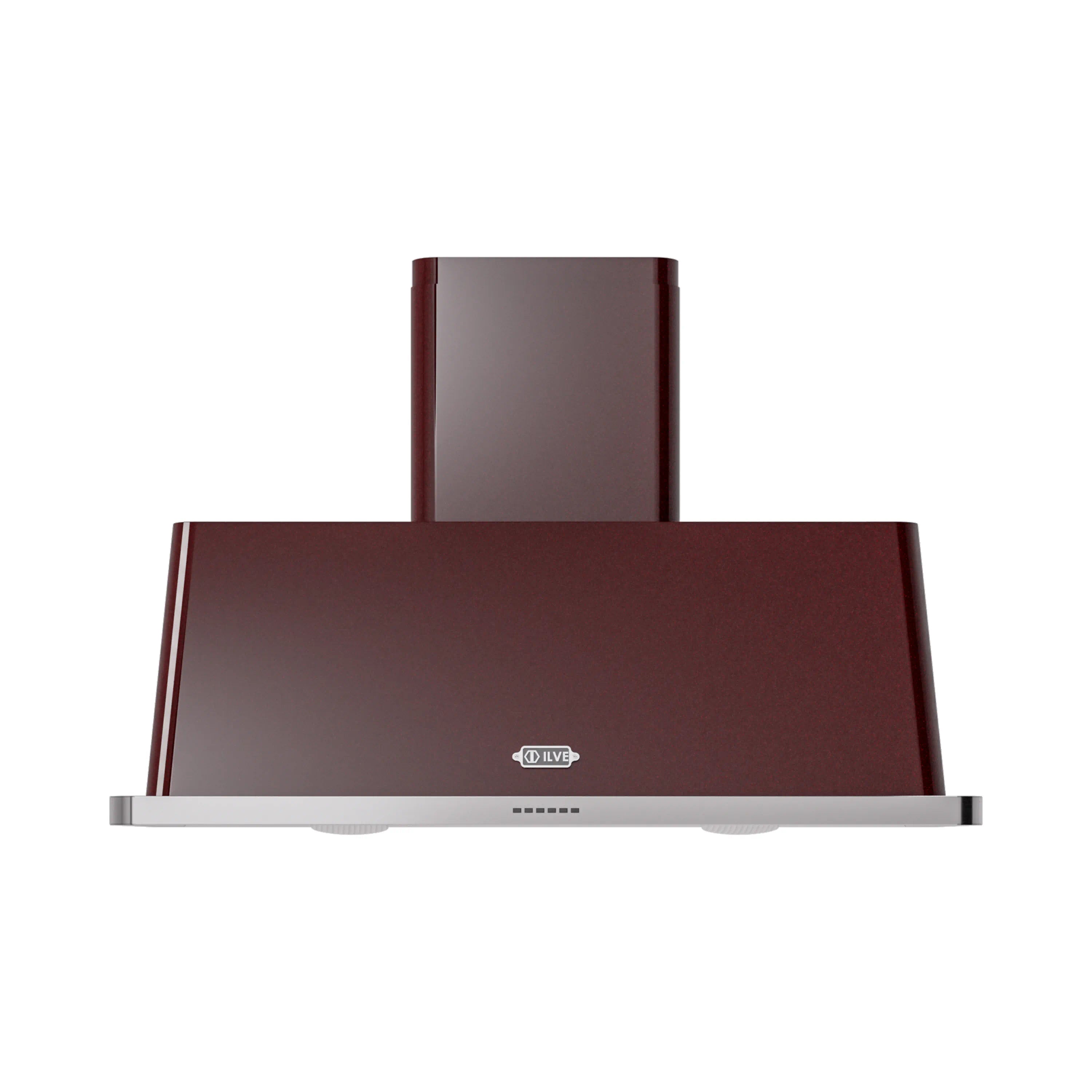 ILVE burgundy wall-mount range hood with stainless vent trim