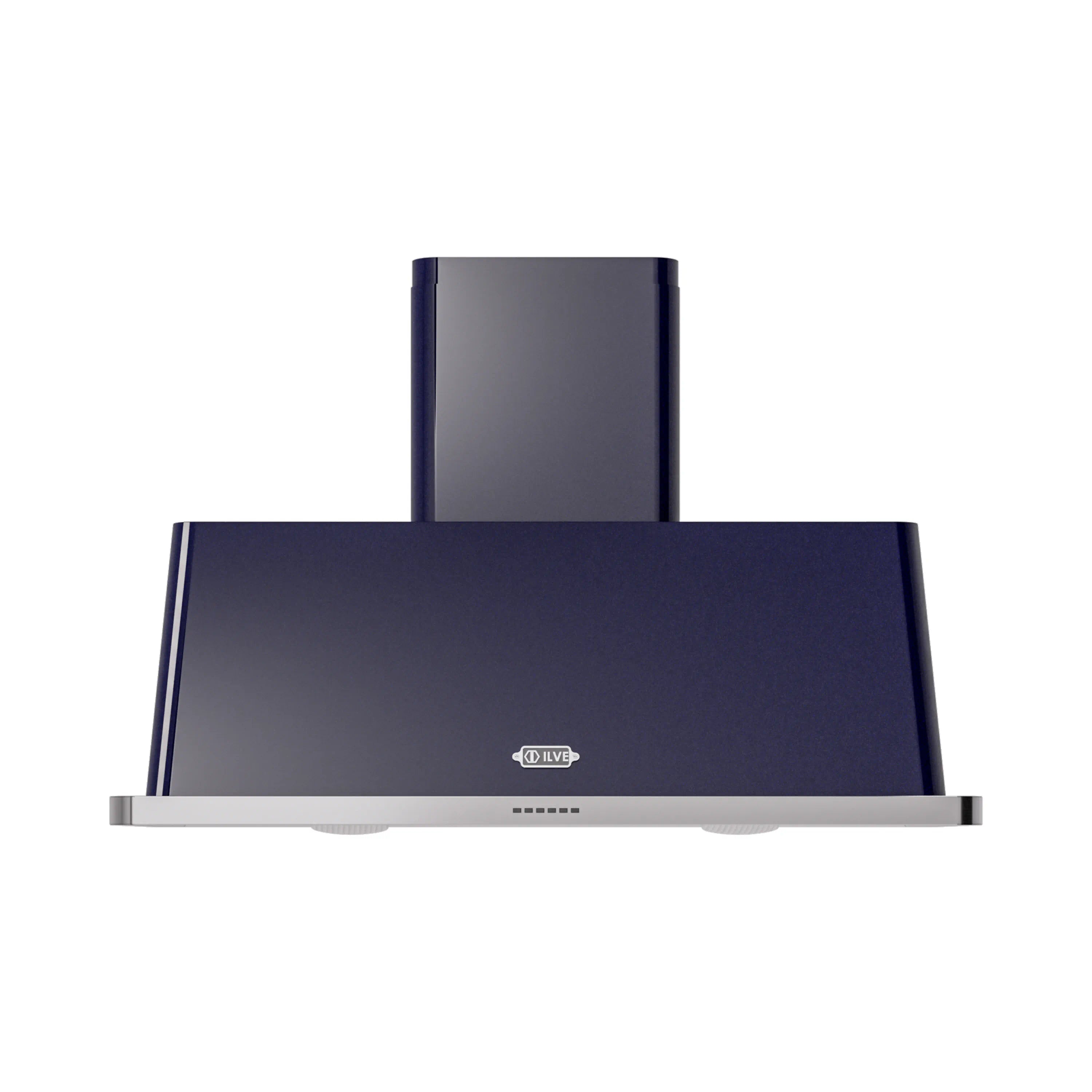 Midnight blue wall mount range hood front view with stainless trim and center emblem