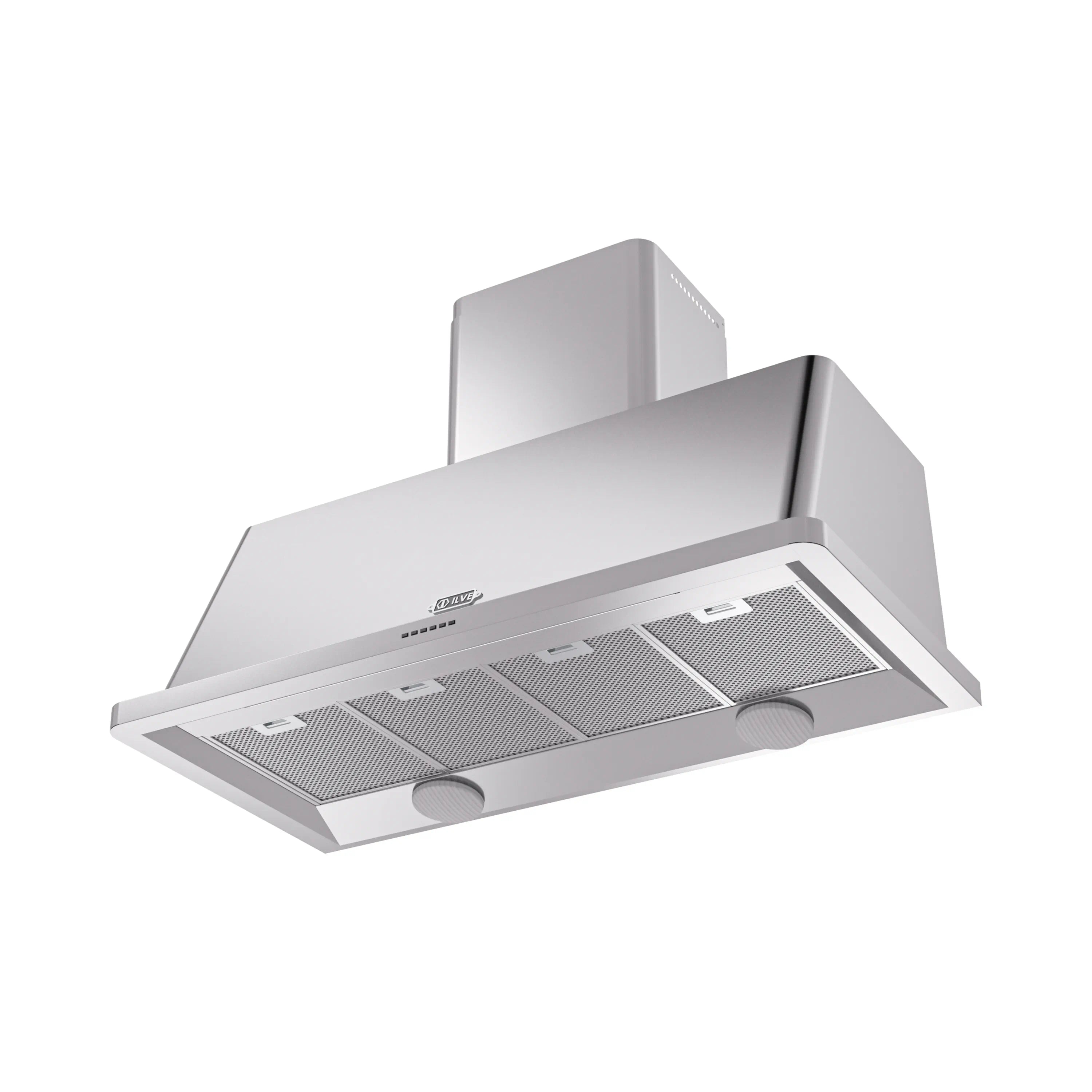 Stainless steel wall mount range hood with front mesh filters and two fan controls