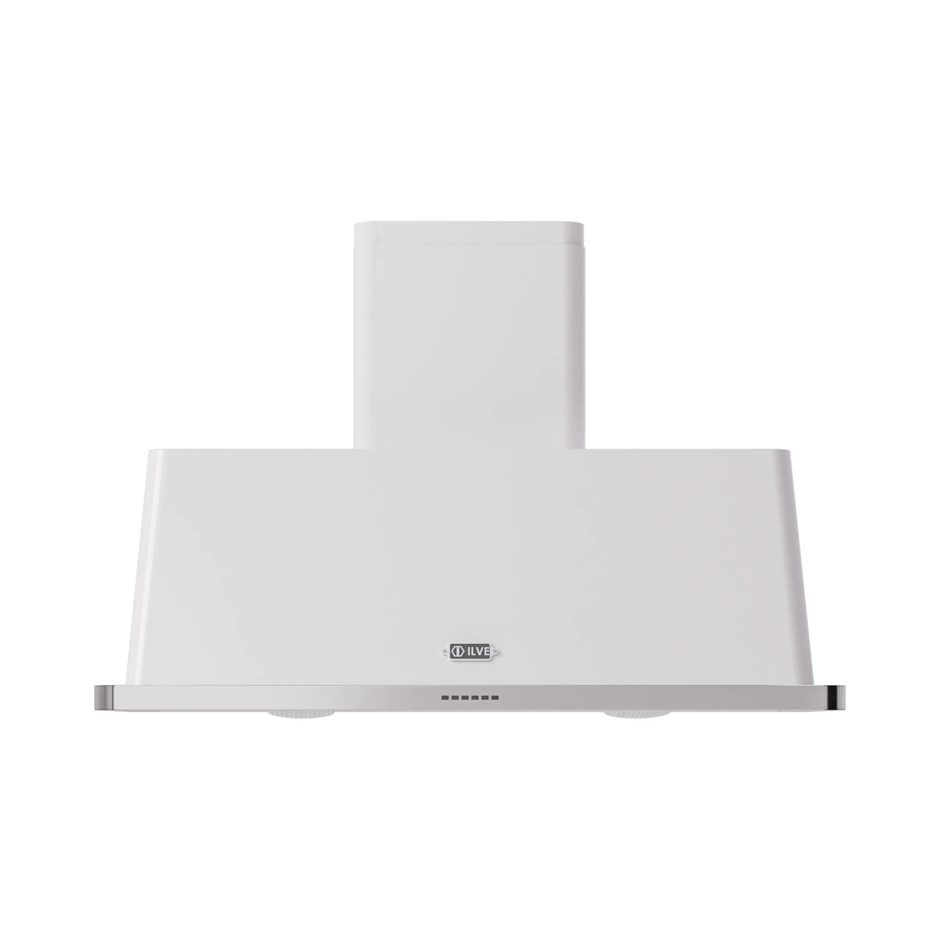 White wall-mount range hood with chimney stack, metal trim, and front controls