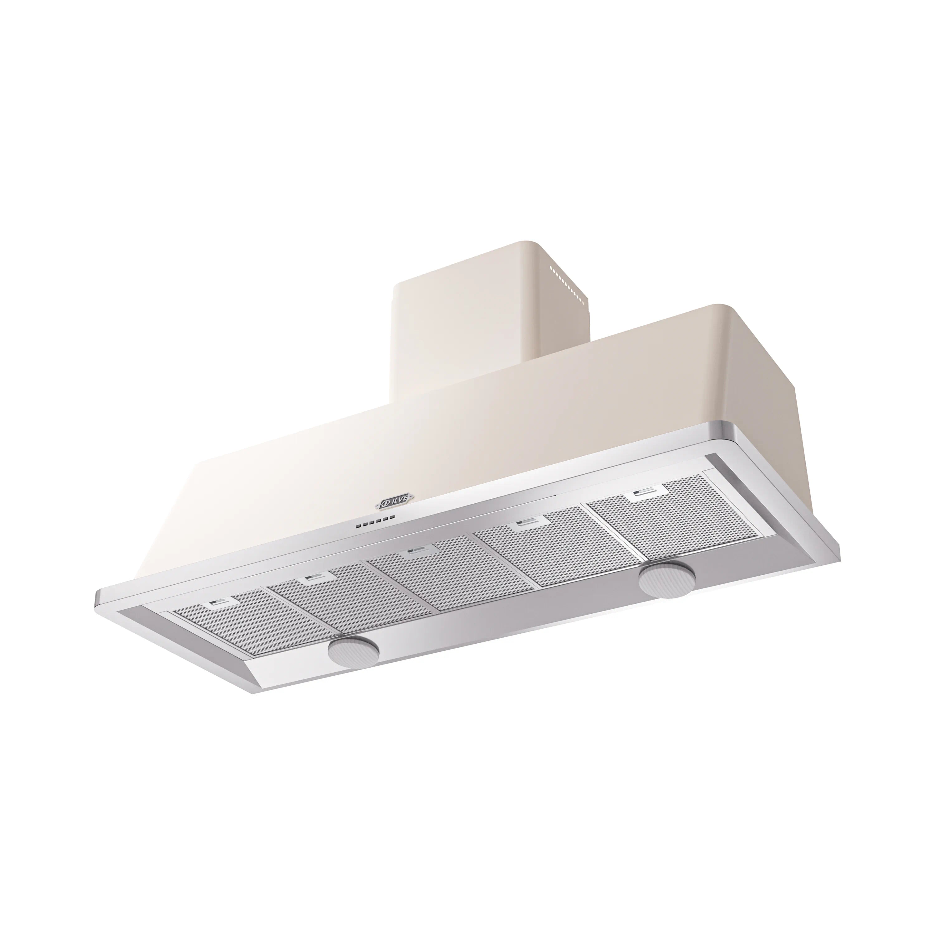 Wall mount range hood with stainless vent filters and two circular controls.