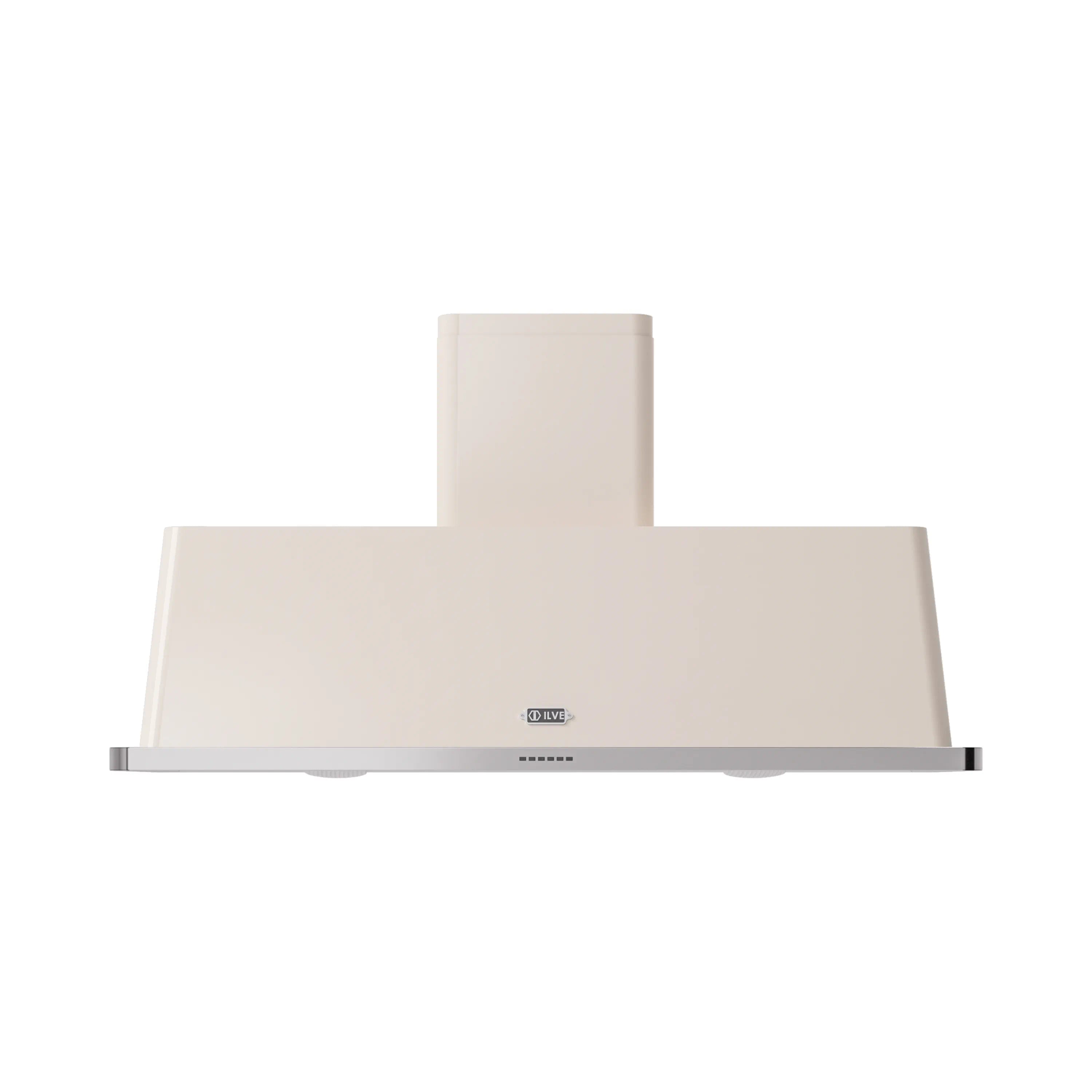Antique white wall range hood with front logo, stainless filter panel and chimney.