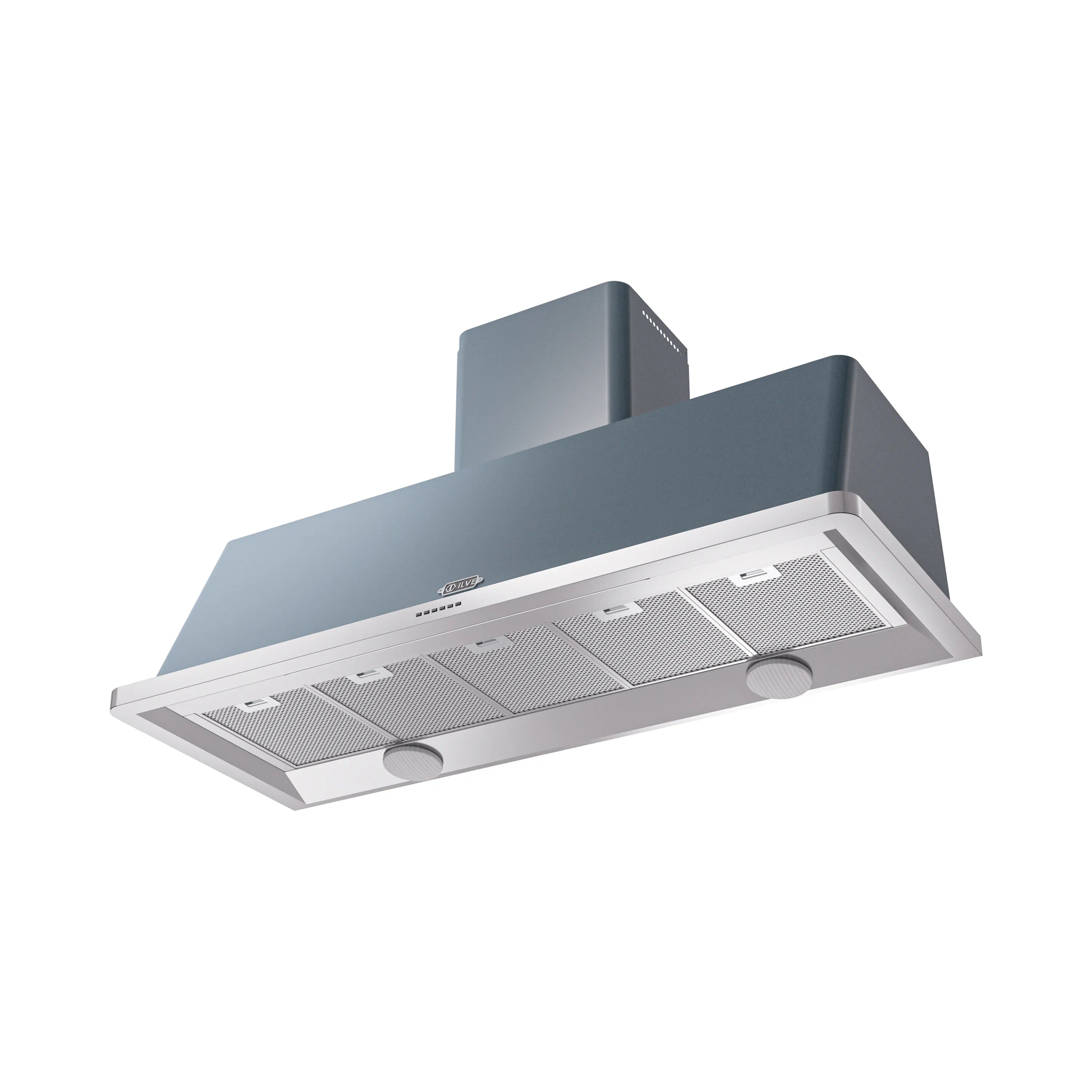 Blue grey wall mount range hood underside with mesh filters and control area