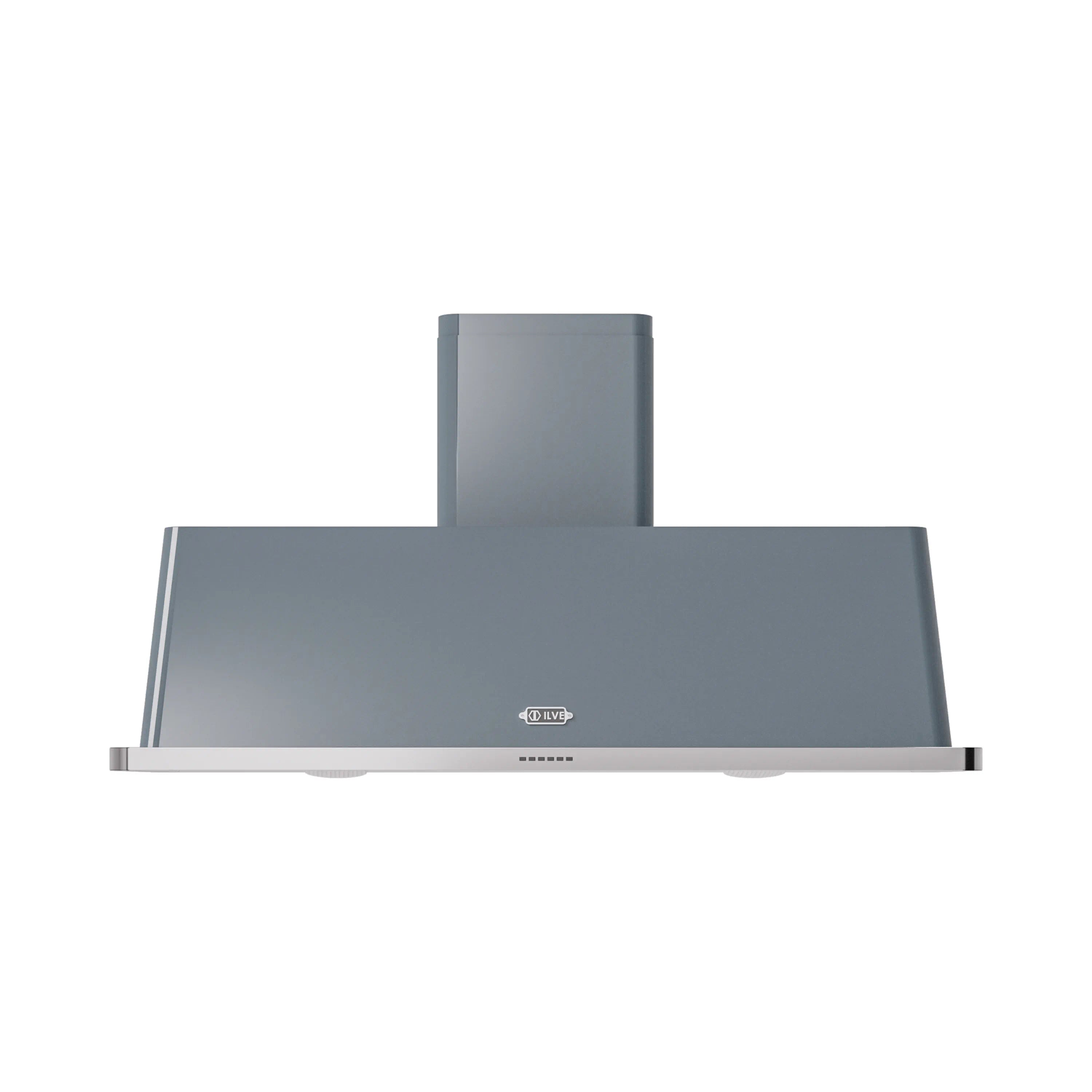 Blue grey wall mount range hood front view with logo and filter strip