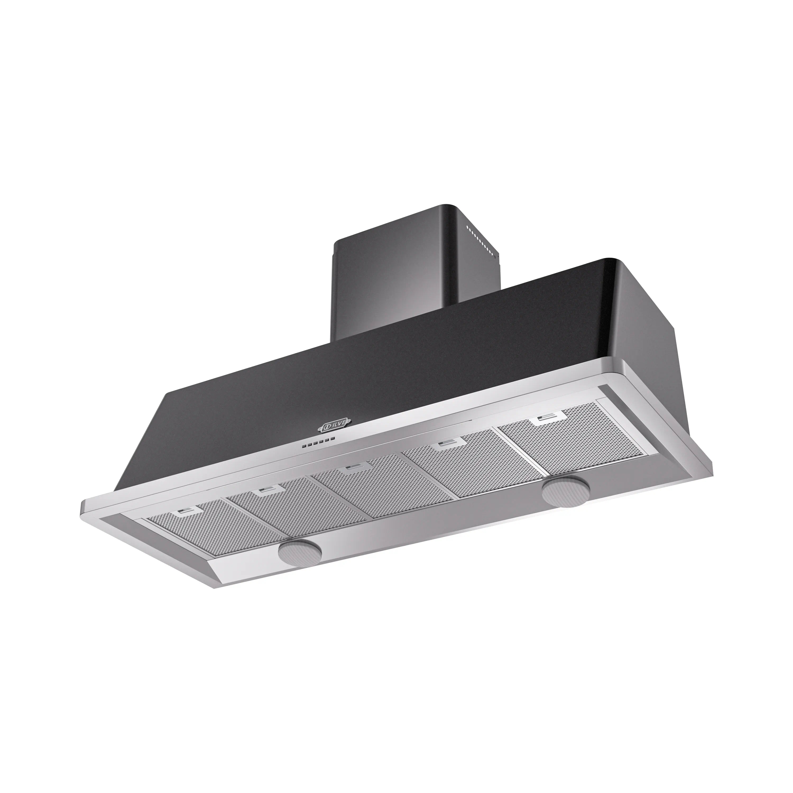 Glossy black wall-mount range hood with baffle filters and chimney stack