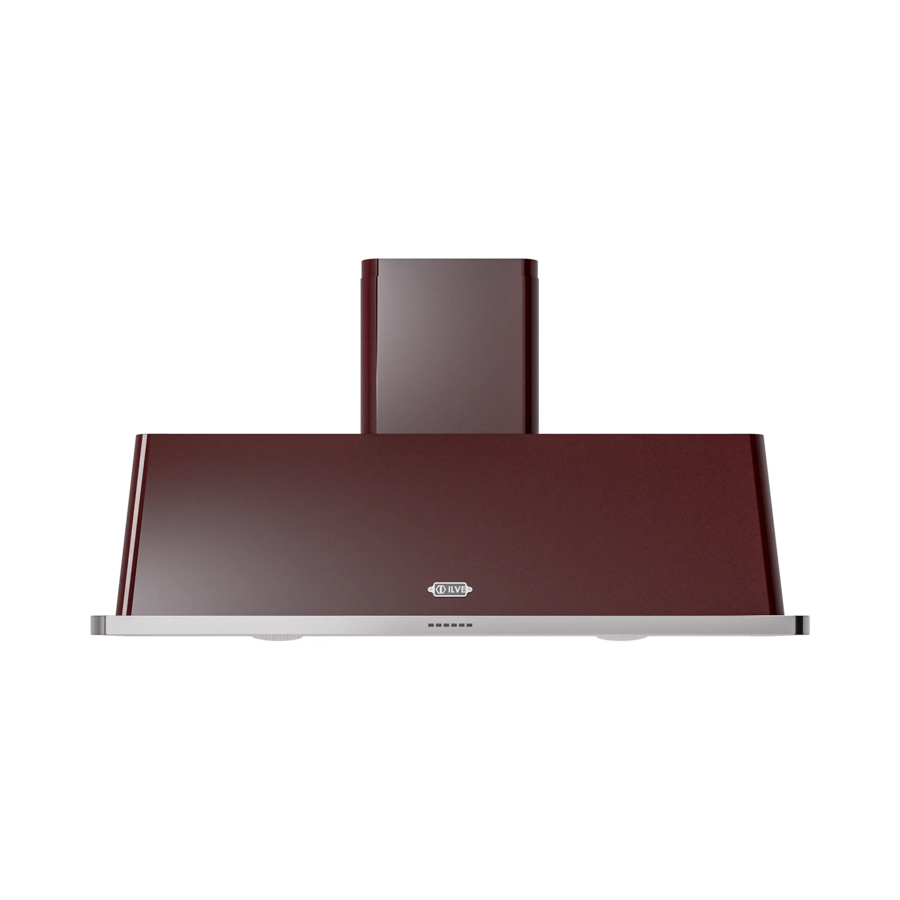 Burgundy wall-mount range hood with stainless lower trim and centered control panel