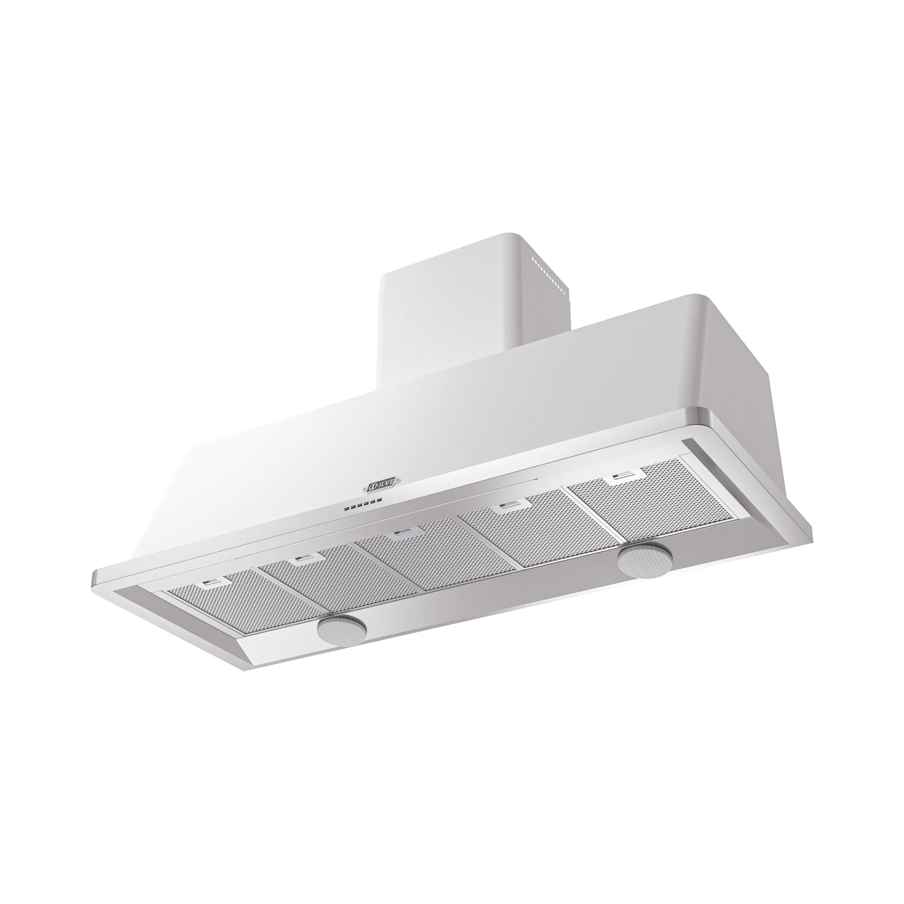 White wall-mount range hood with stainless vent filters and canopy.