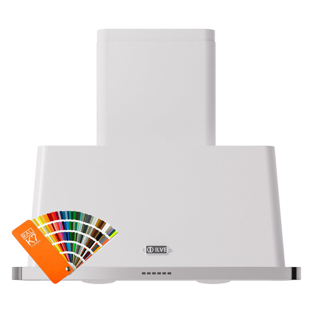 Wall-mounted range hood in light gray with ILVE logo and control buttons