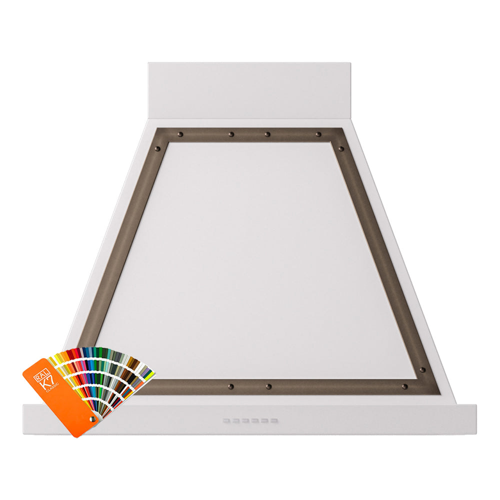 Wall-mounted range hood with bronze-trimmed underside opening