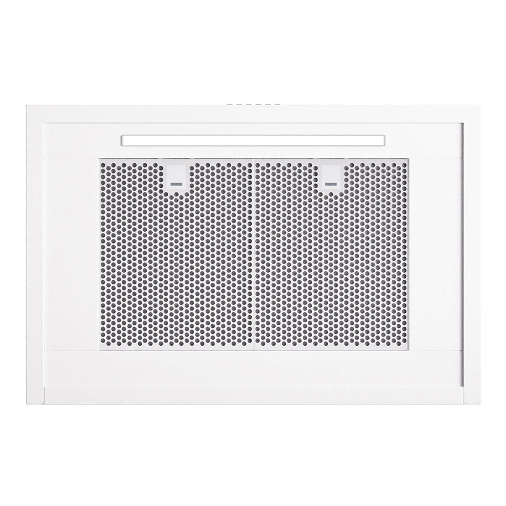 Wall-mounted range hood with perforated metal filter panel and chrome trim