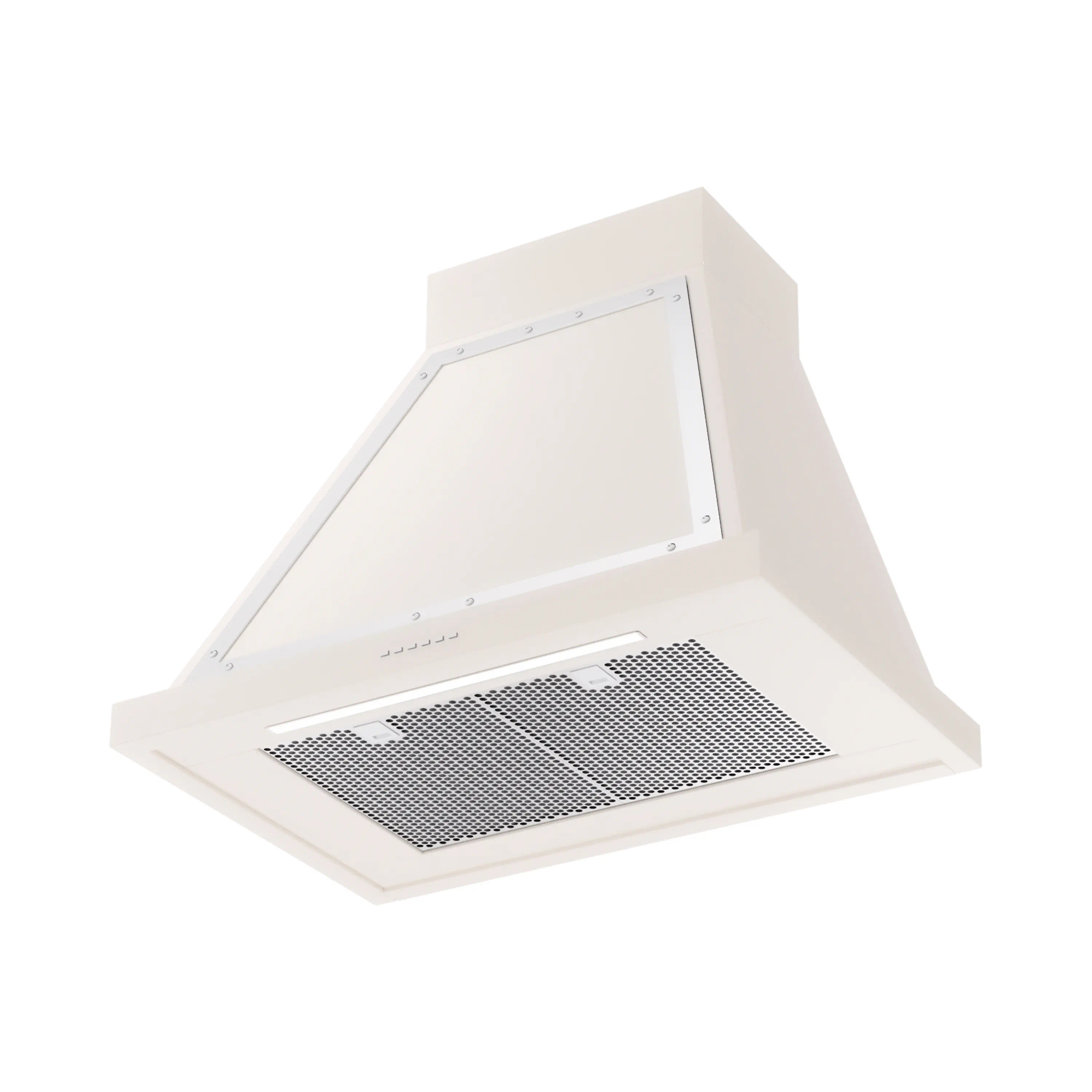 Antique white wall-mounted range hood with chrome trim and mesh grease filter