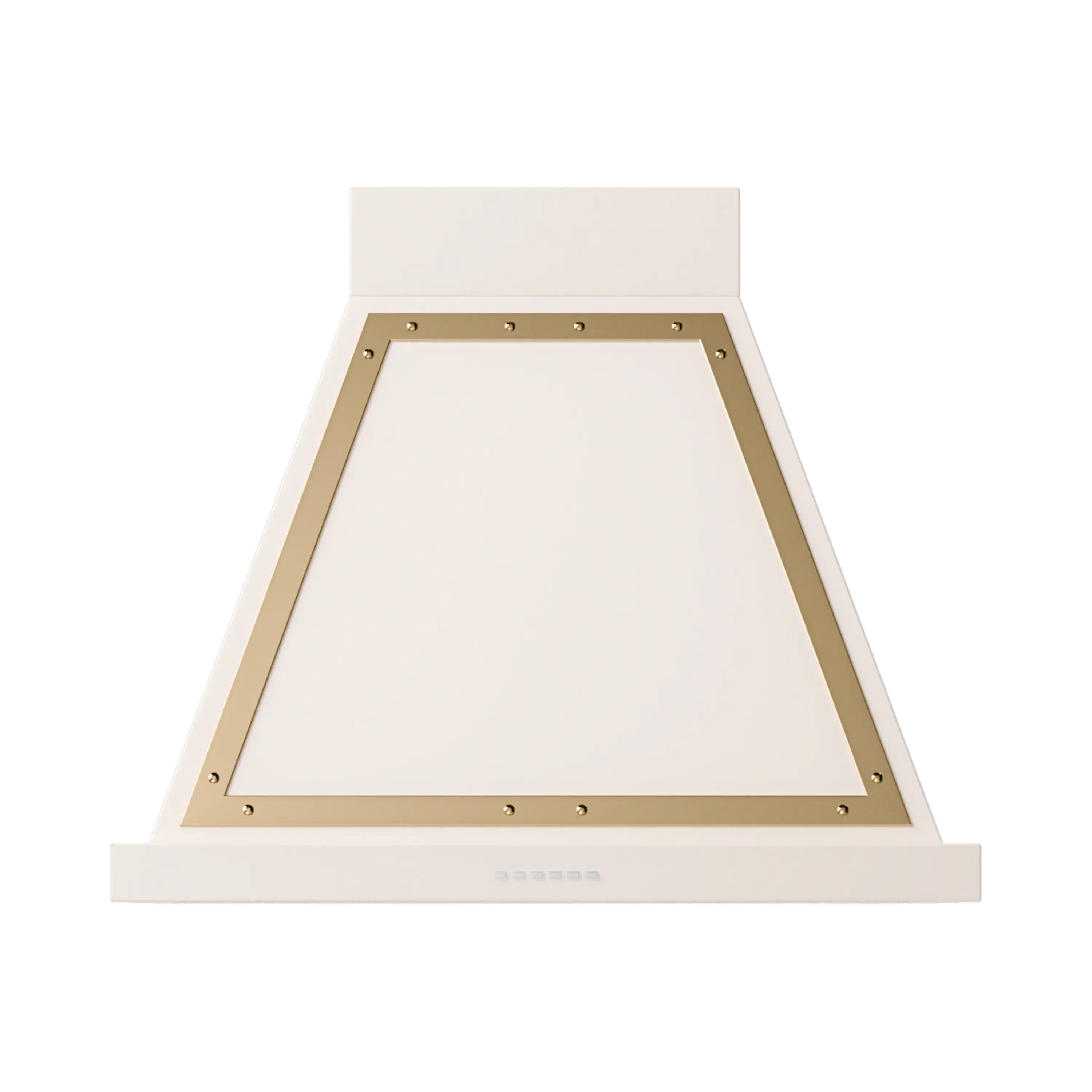 Antique white wall-mounted range hood with brass-trimmed canopy and mesh filter
