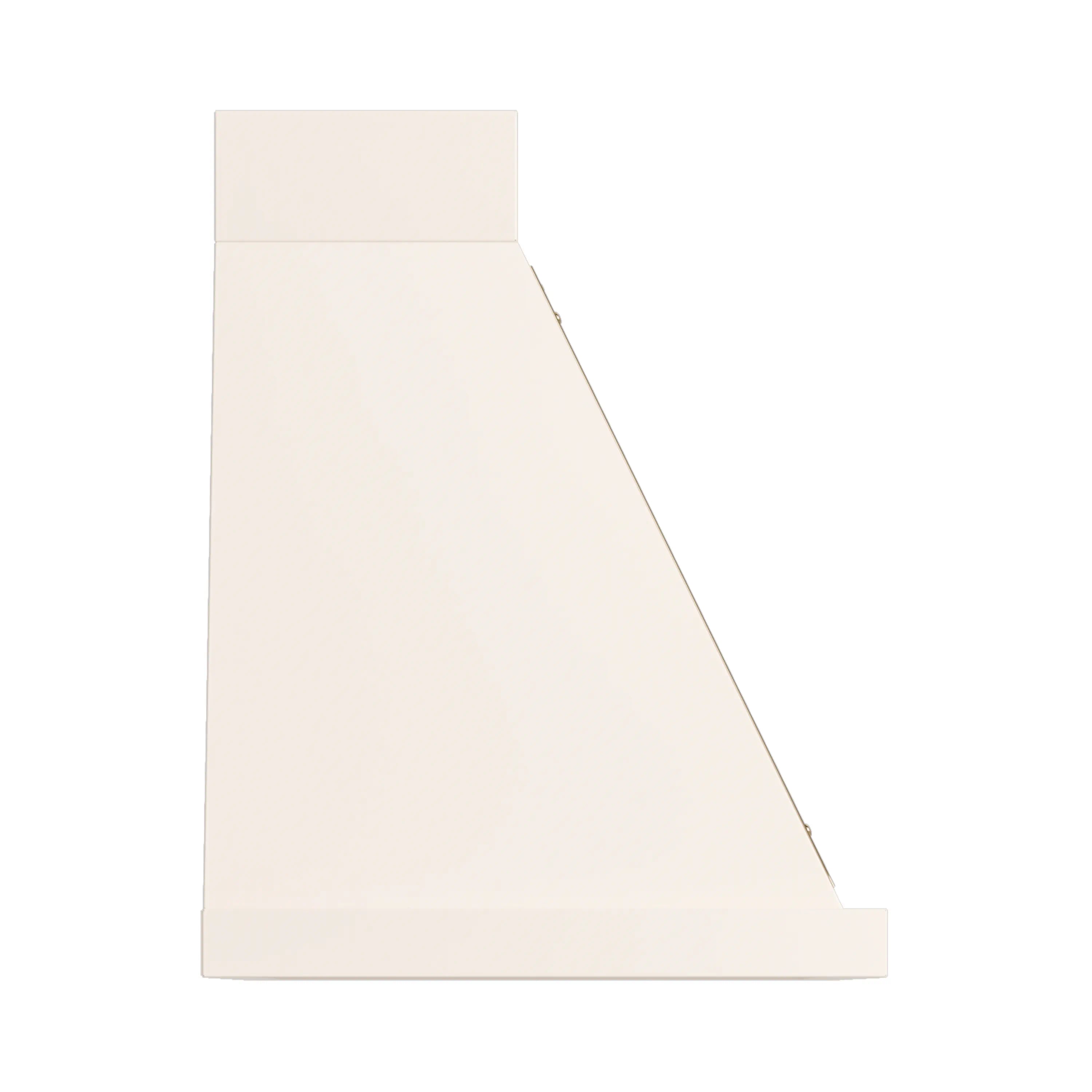 Antique white wall-mounted range hood with angled back panel and front trim