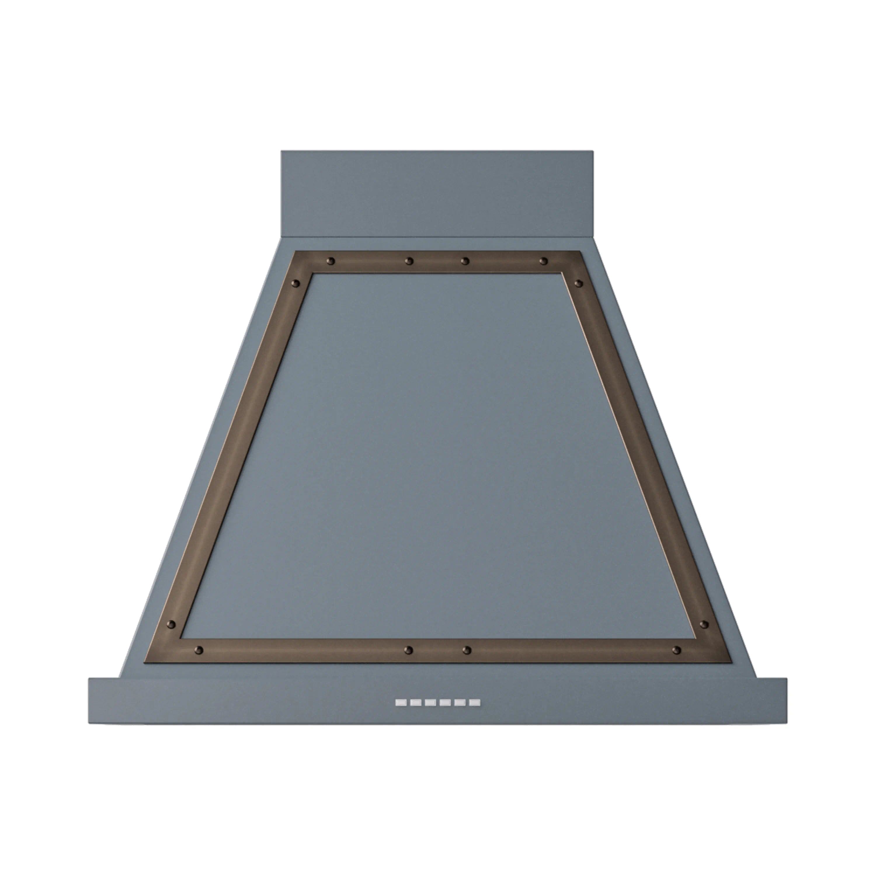 Blue grey wall-mount range hood with bronze-trimmed interior baffle panel