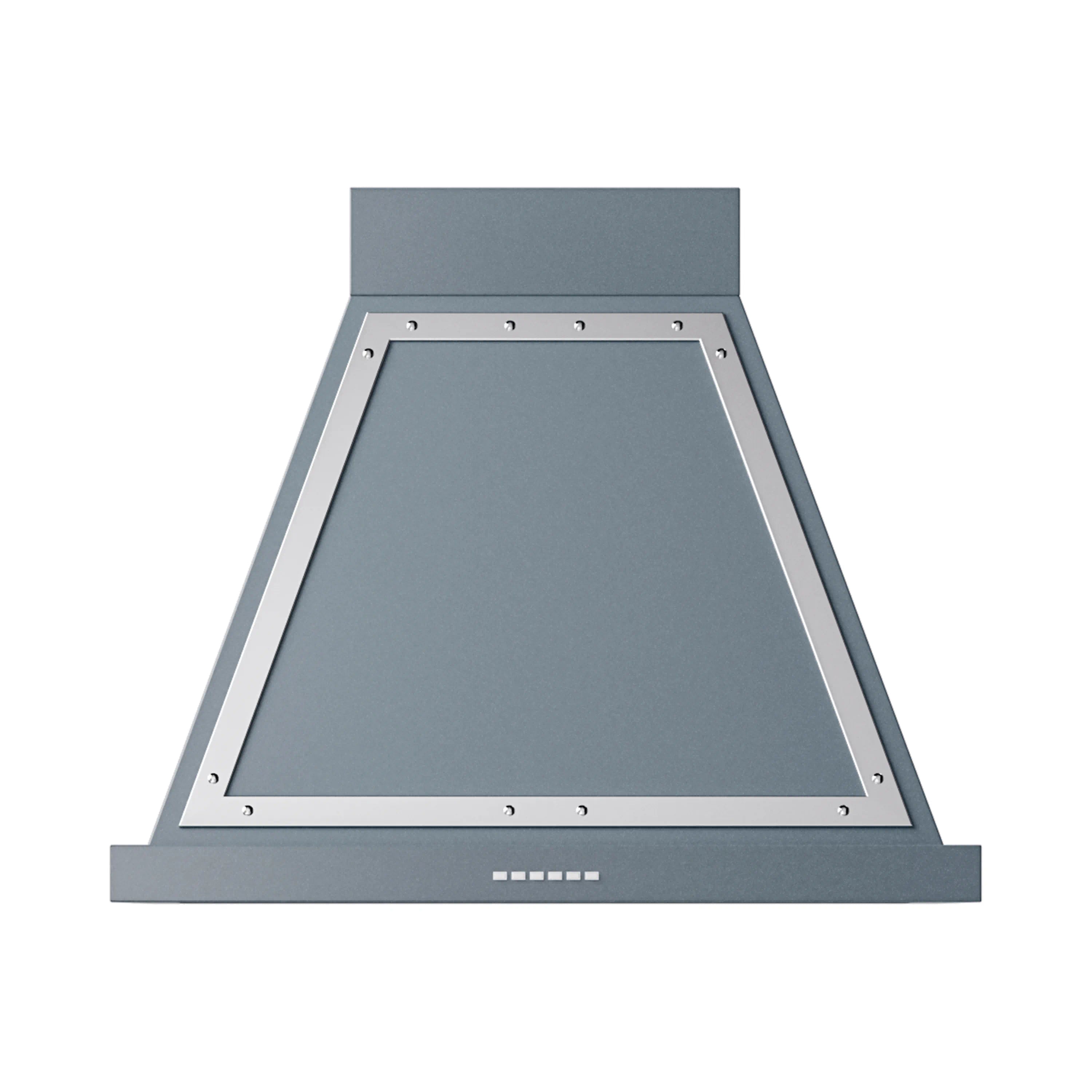 Blue grey wall-mounted range hood with chrome frame and front vent slots