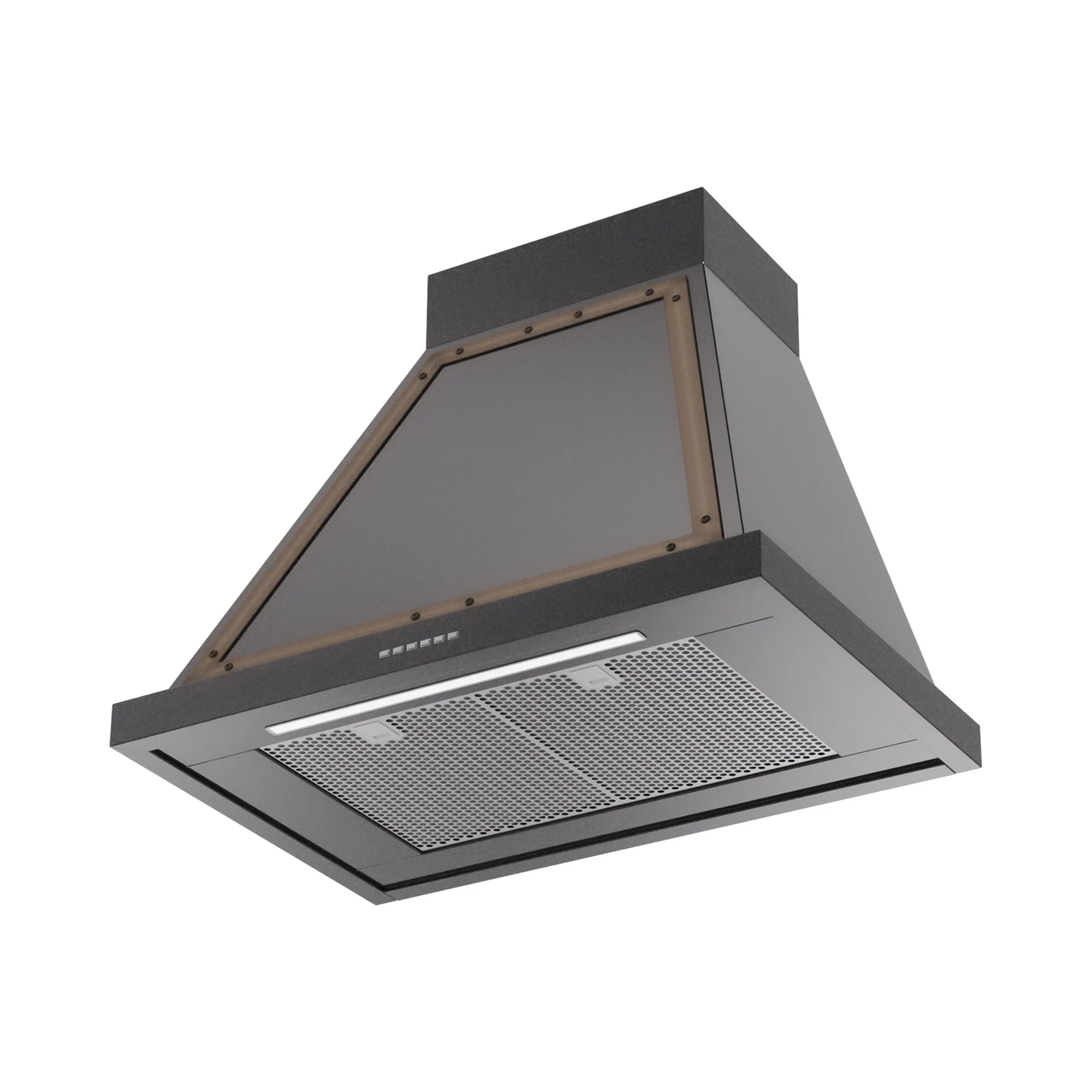 Wall-mounted range hood, glossy black with bronze trim and mesh grease filter