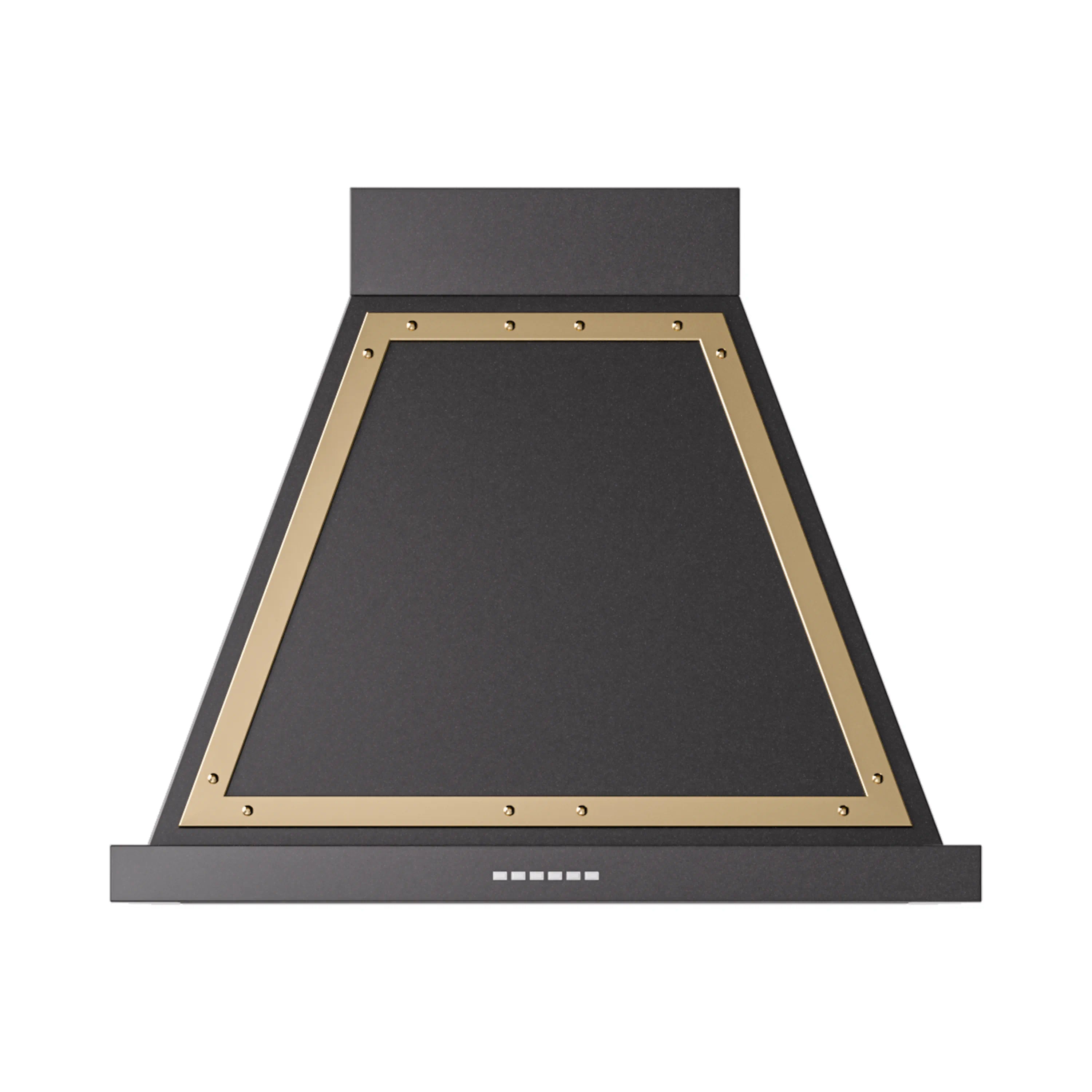 Wall range hood front view with brass trim frame and black canopy