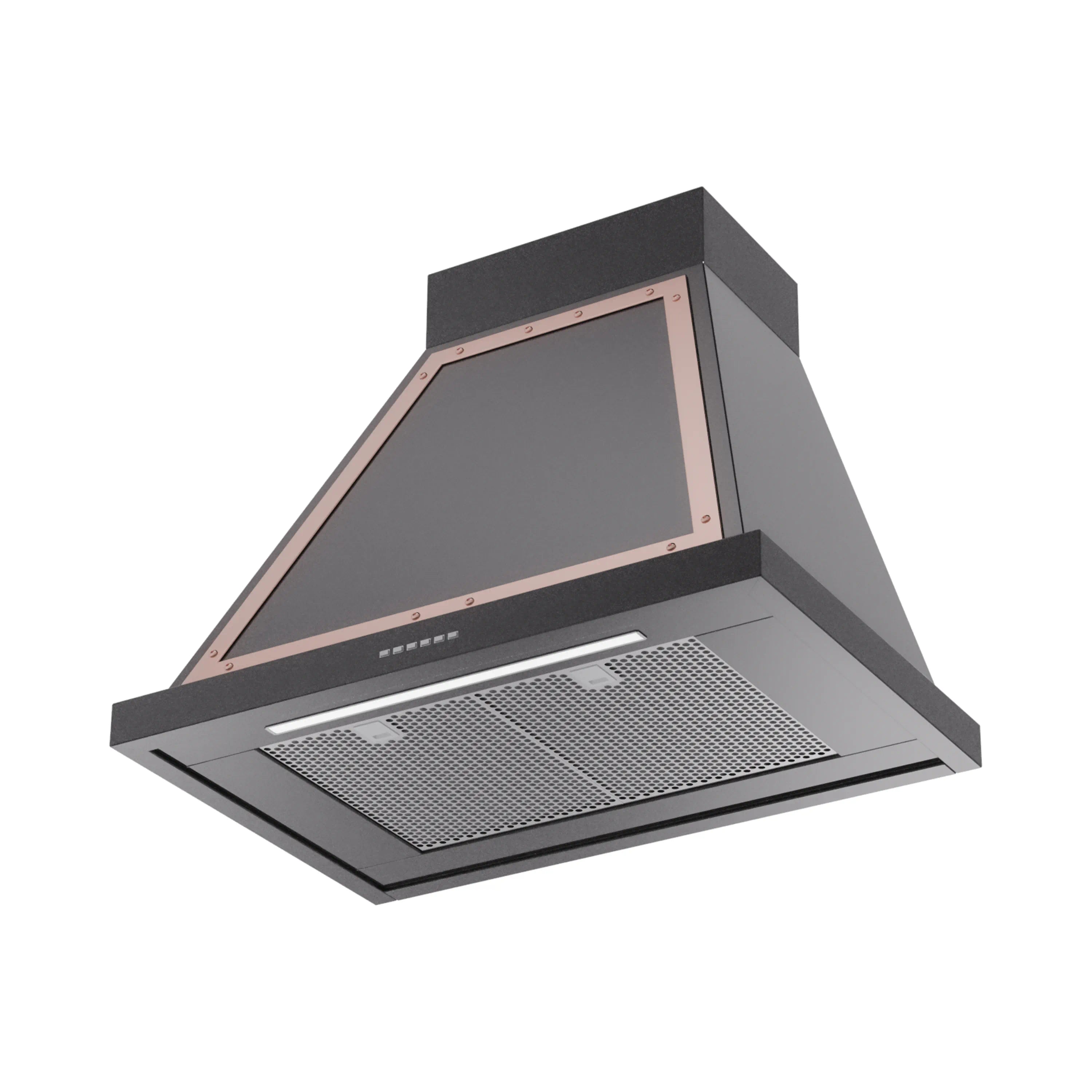Wall-mount range hood, glossy black with copper-trimmed front and mesh filter