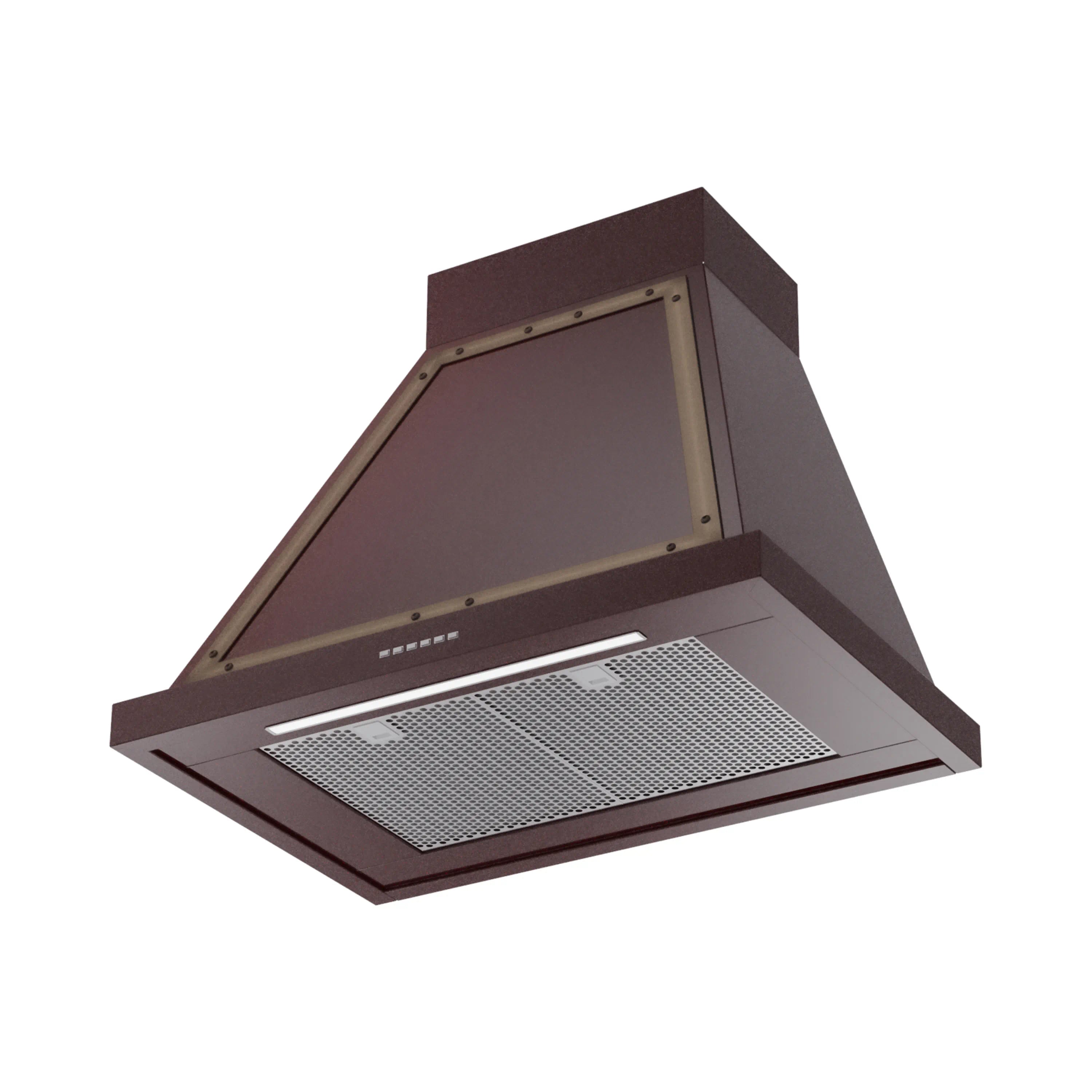 Burgundy wall-mounted range hood with bronze trim and mesh grease filter