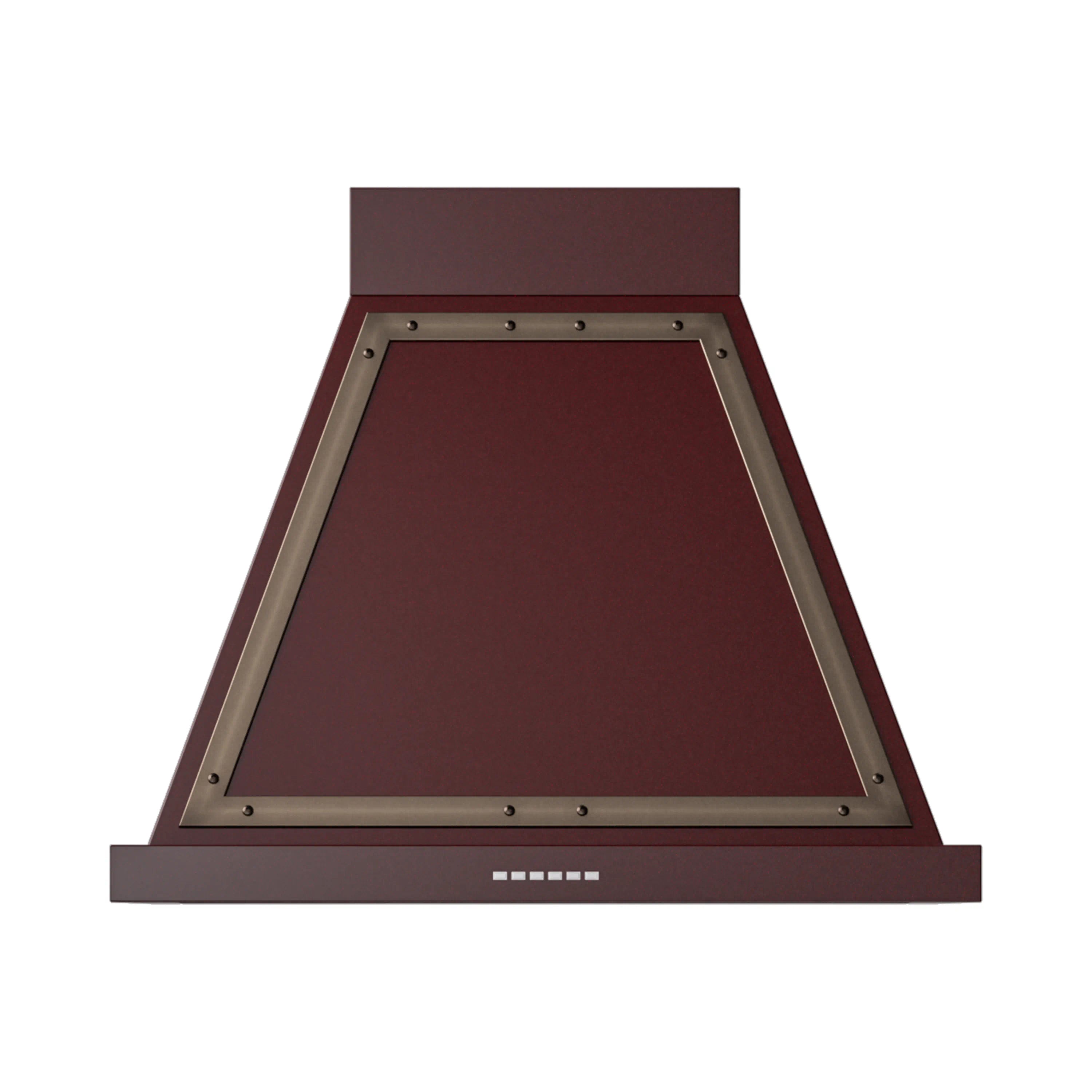 Burgundy wall-mounted range hood with bronze trim and vent opening