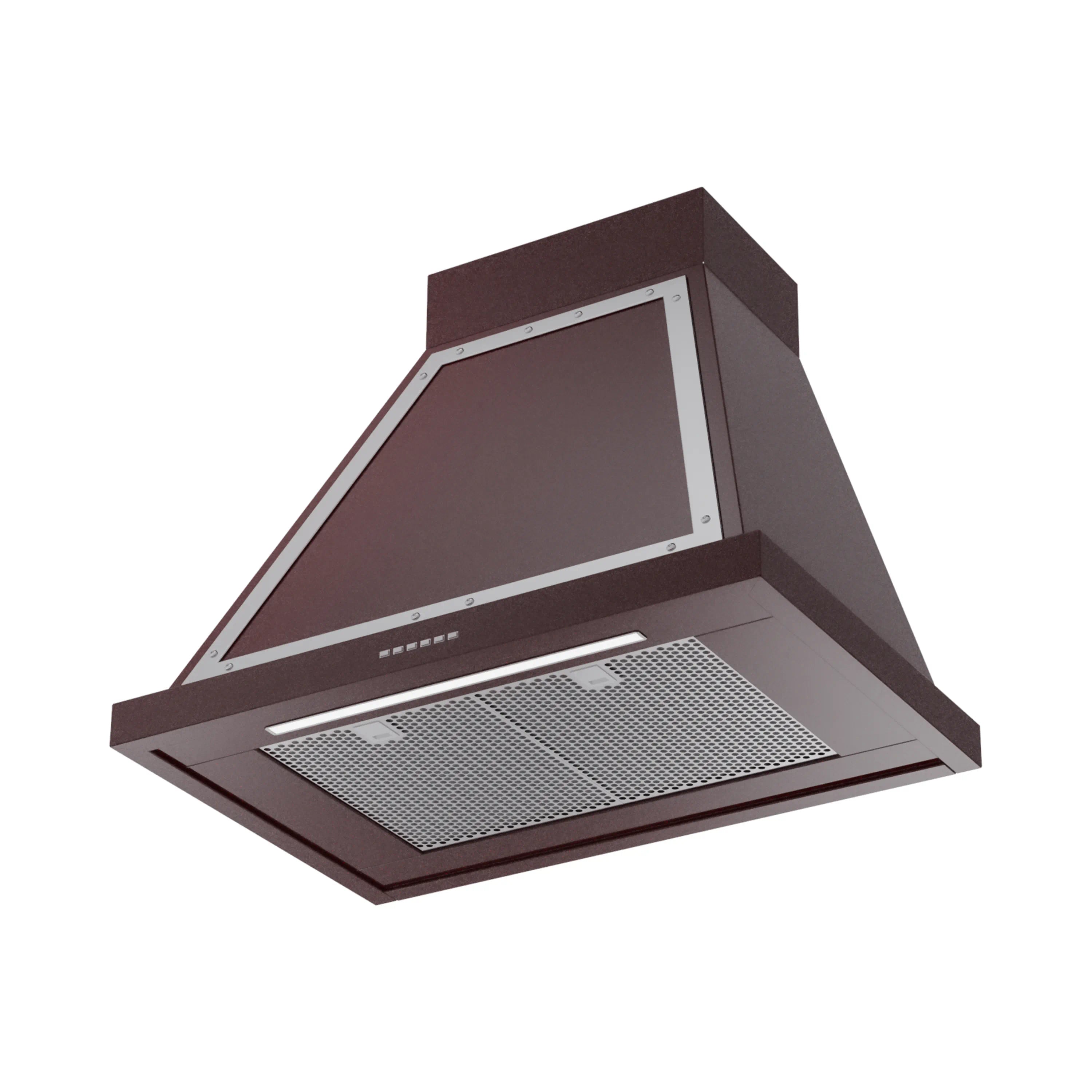 Burgundy wall-mounted range hood with chrome trim and stainless mesh filter