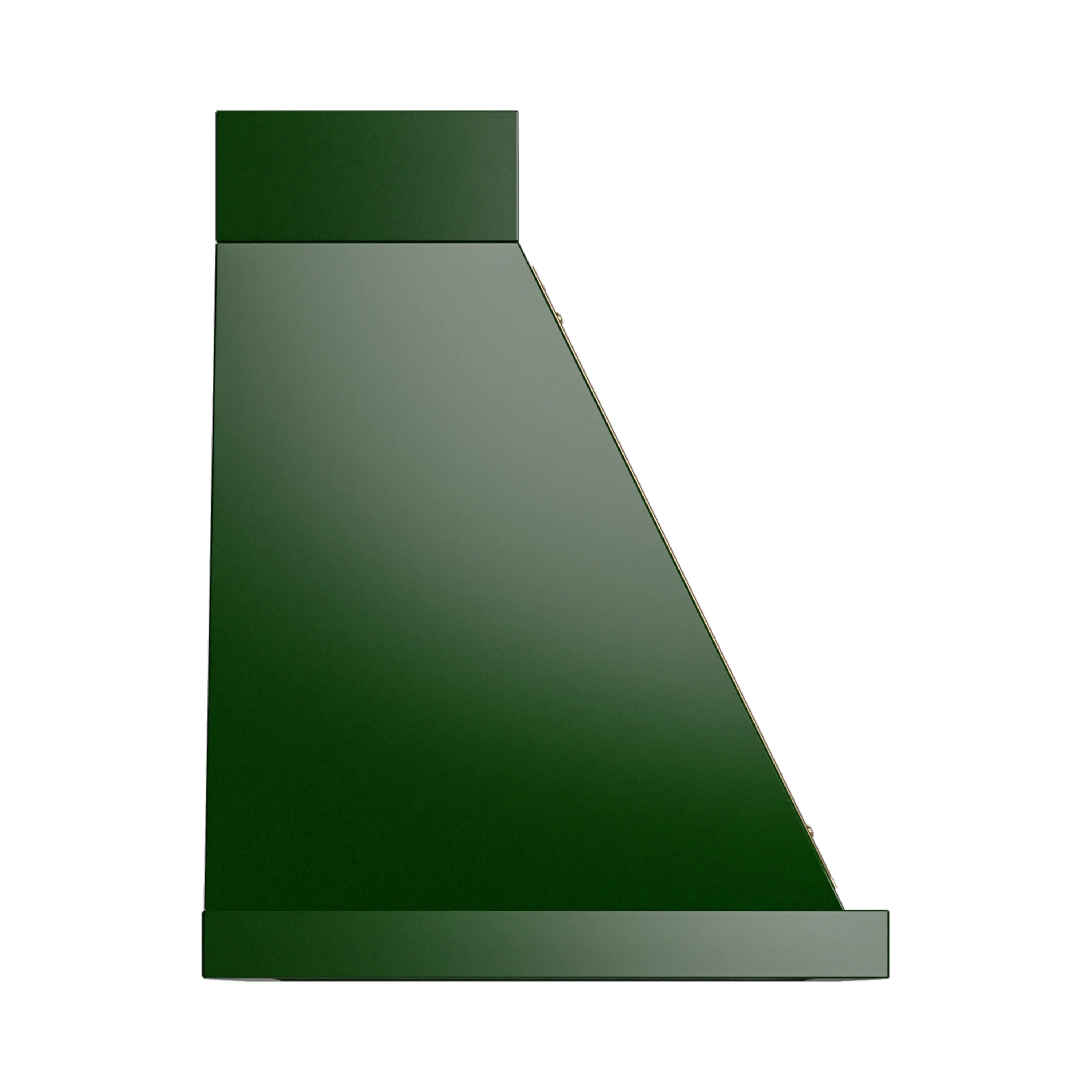 Emerald green wall range hood with brass-trimmed slanted chimney and flat bottom
