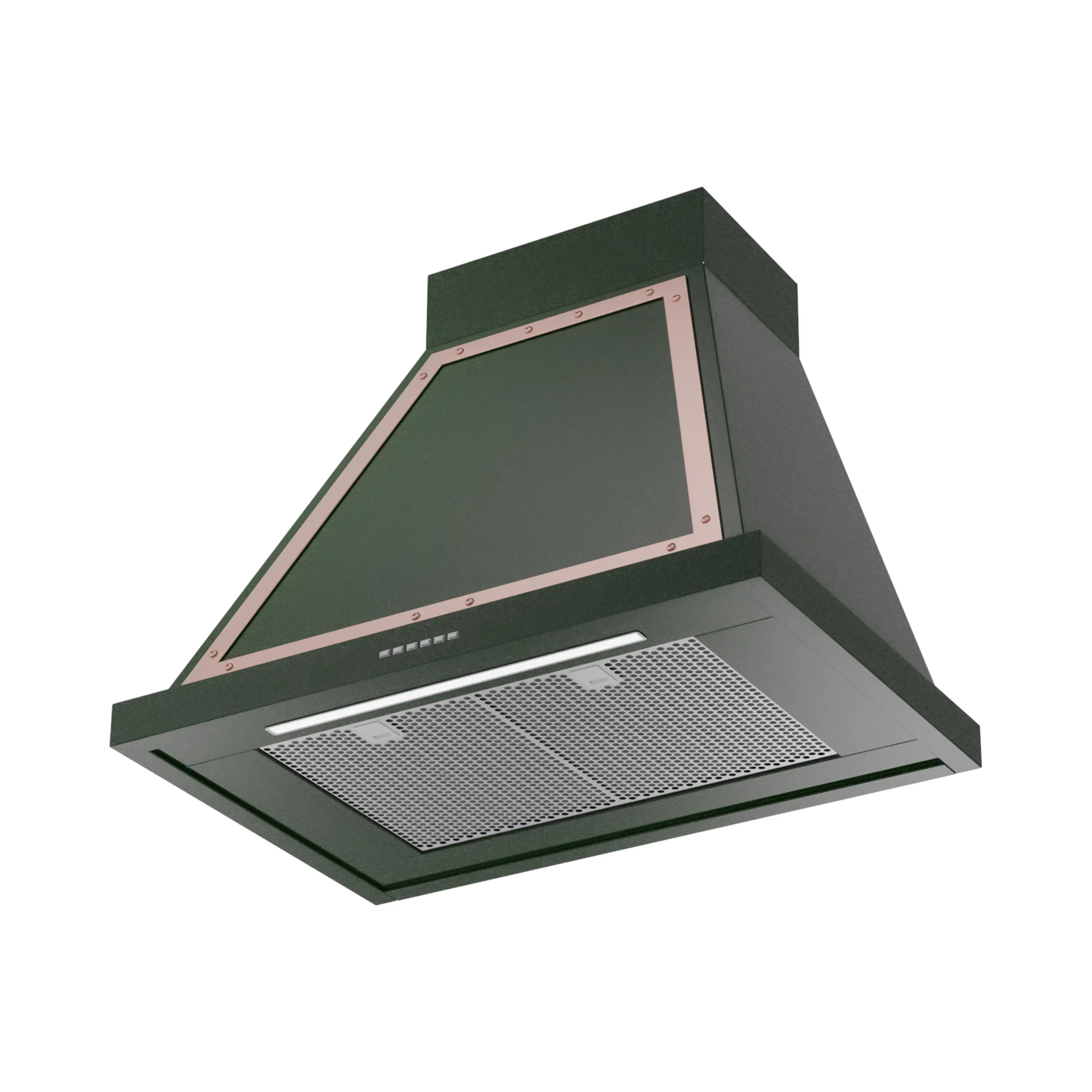 Wall-mounted range hood in emerald green with copper trim and mesh vent filter