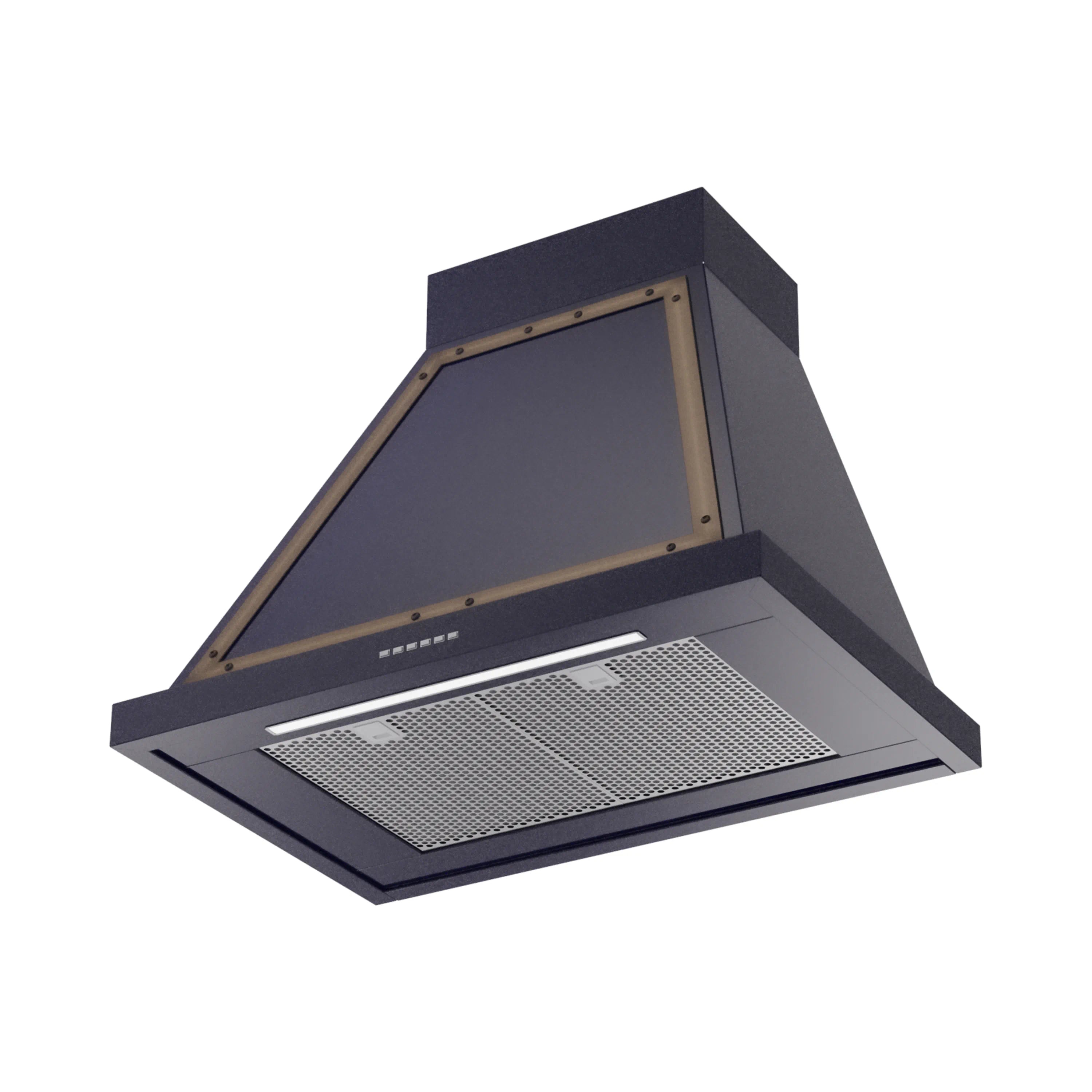 Wall-mounted range hood in midnight blue with bronze trim and mesh filter panel