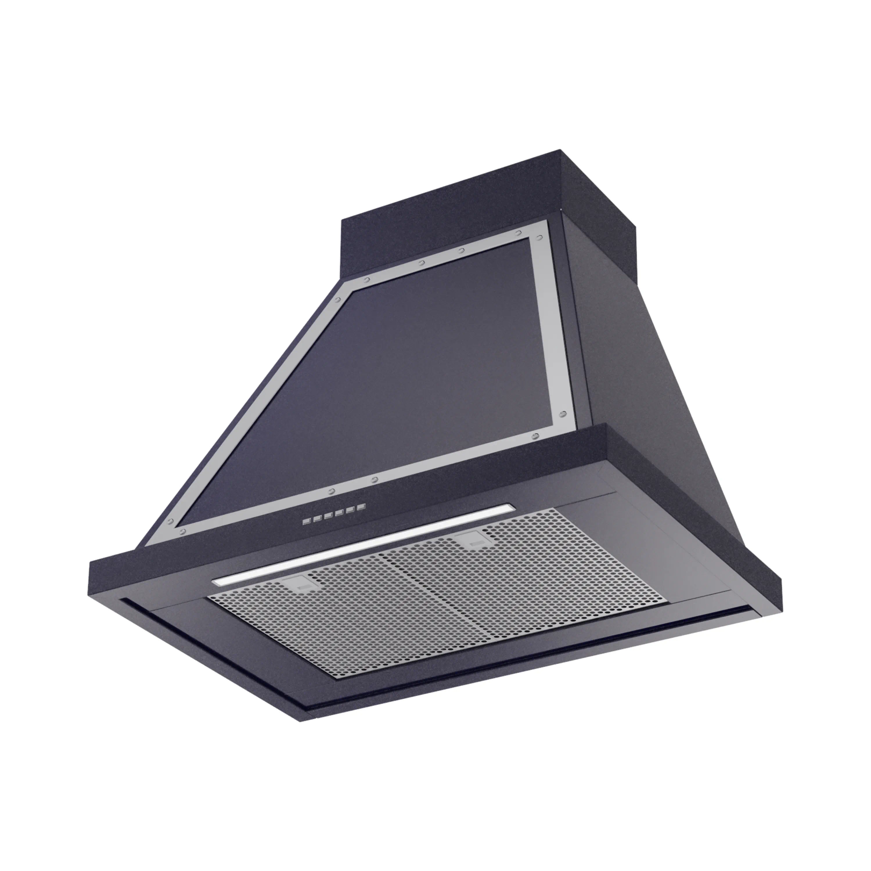 Midnight blue wall-mounted range hood with chrome trim and mesh filter