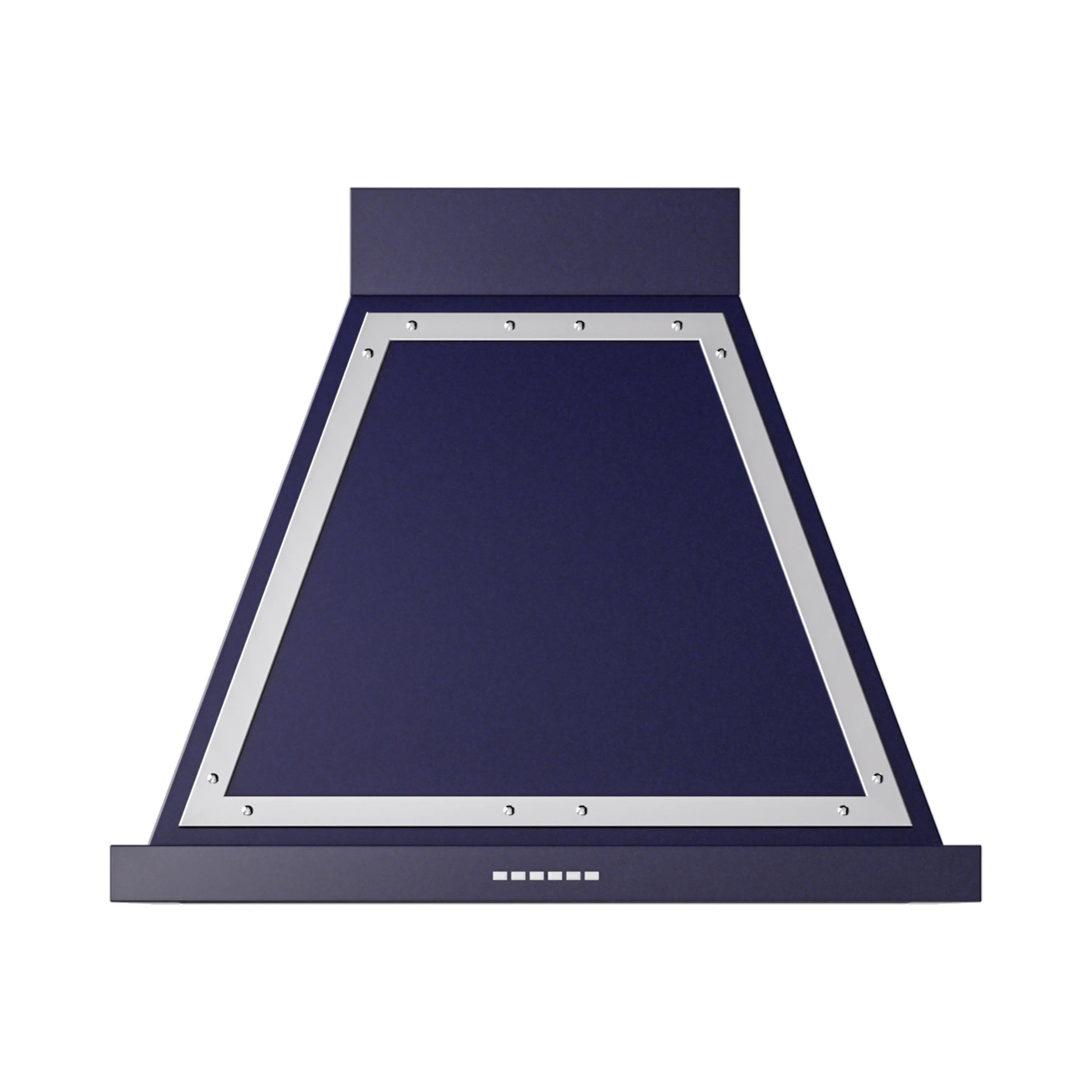 Midnight blue wall-mounted range hood with open chimney, chrome frame, and vents