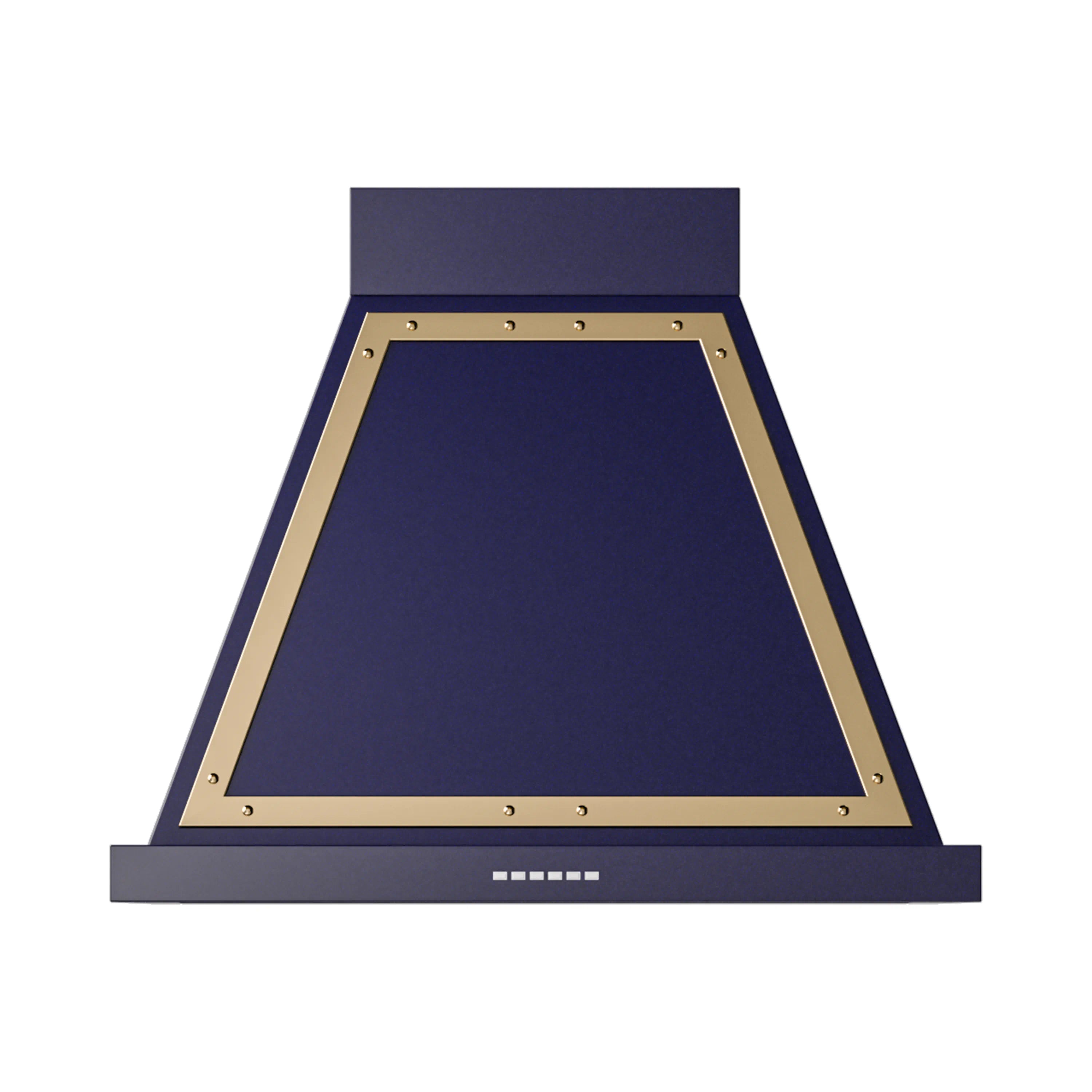 Wall-mounted range hood with brass-framed chimney interior in midnight blue.