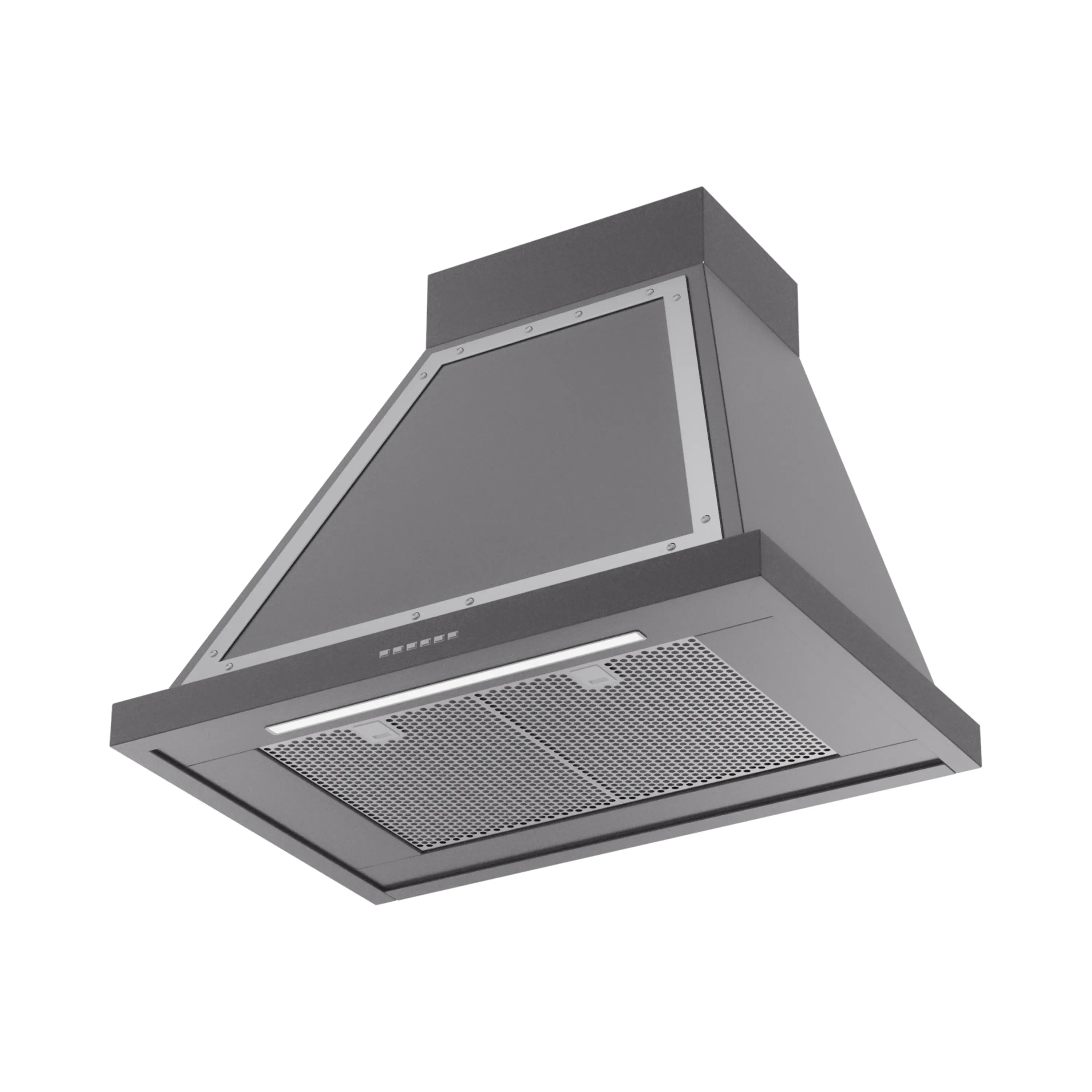 Graphite matte wall range hood with chrome trim and mesh filter, front