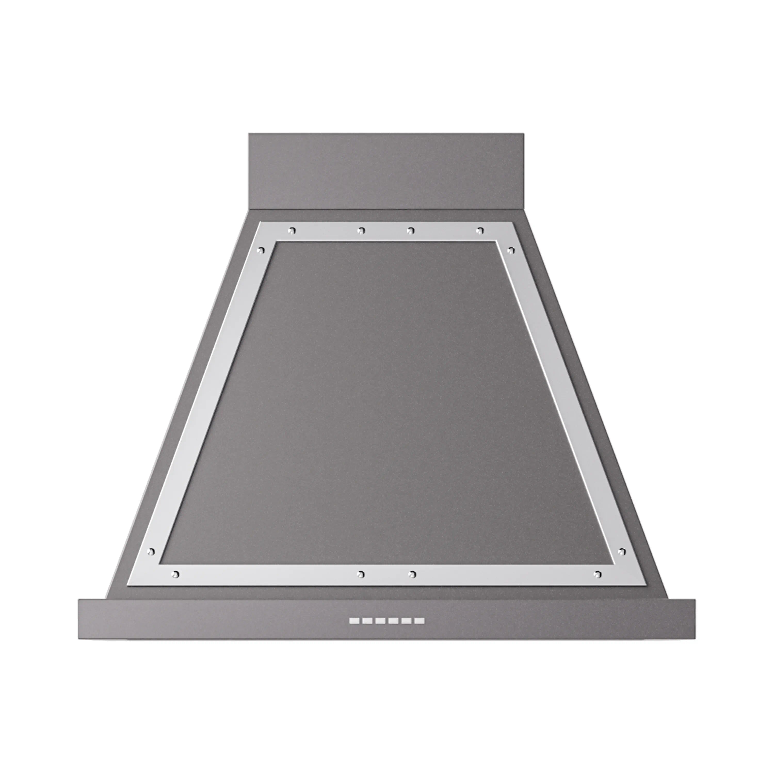 Graphite matte wall range hood with chrome trim, underside opening and dark baffle
