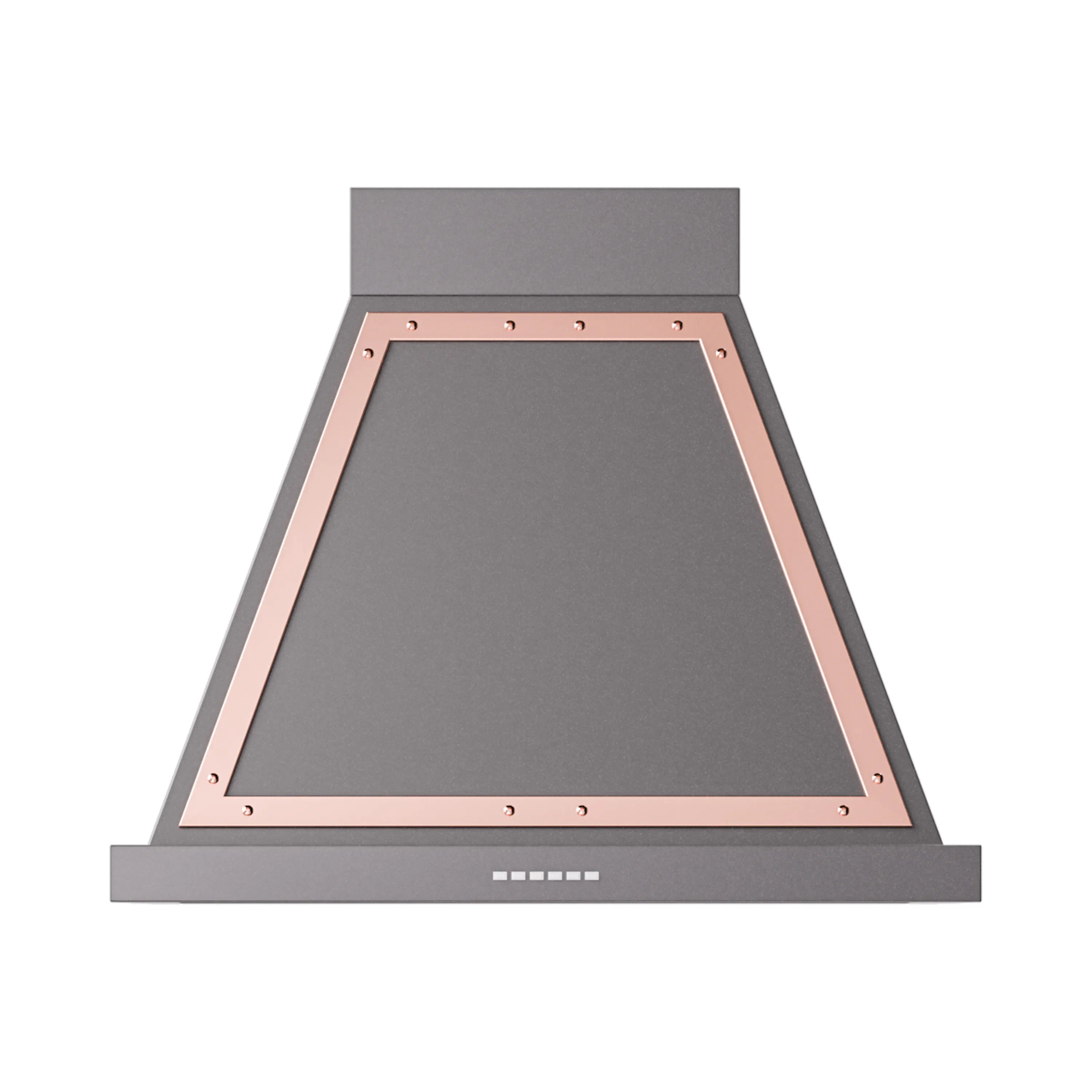 Graphite matte wall range hood with copper-trimmed chimney and front vent opening