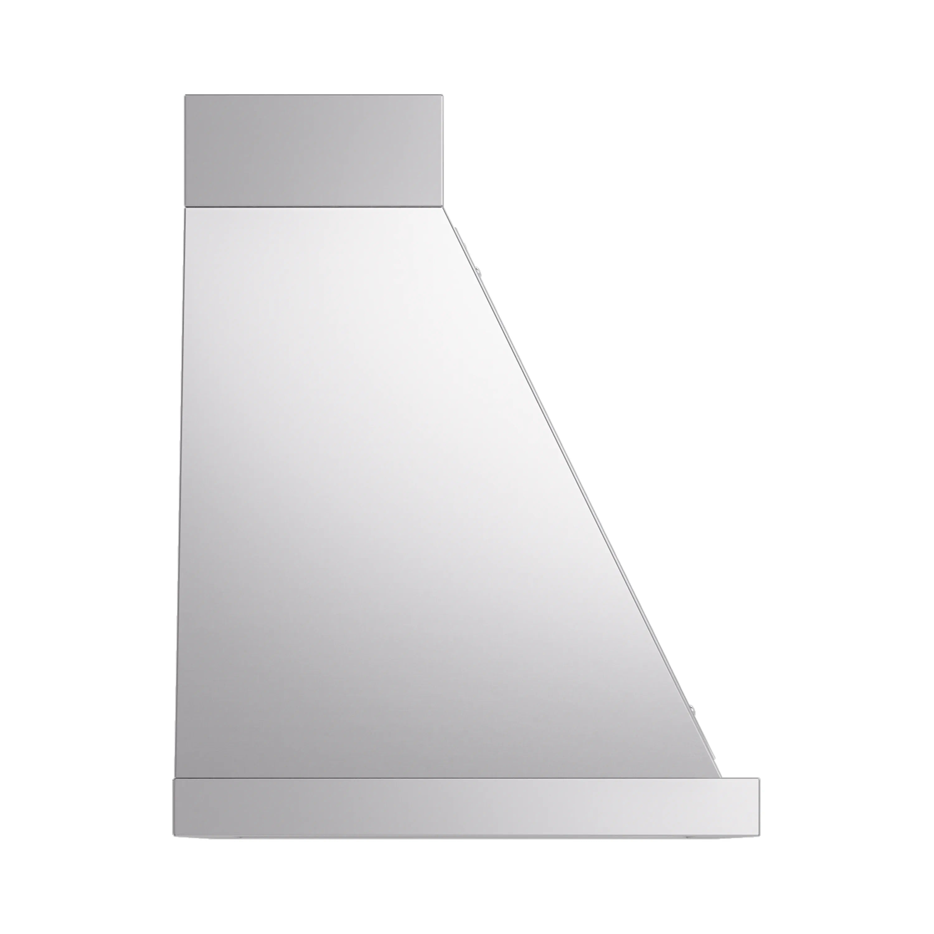 Stainless steel wall range hood with angled chimney and top panel