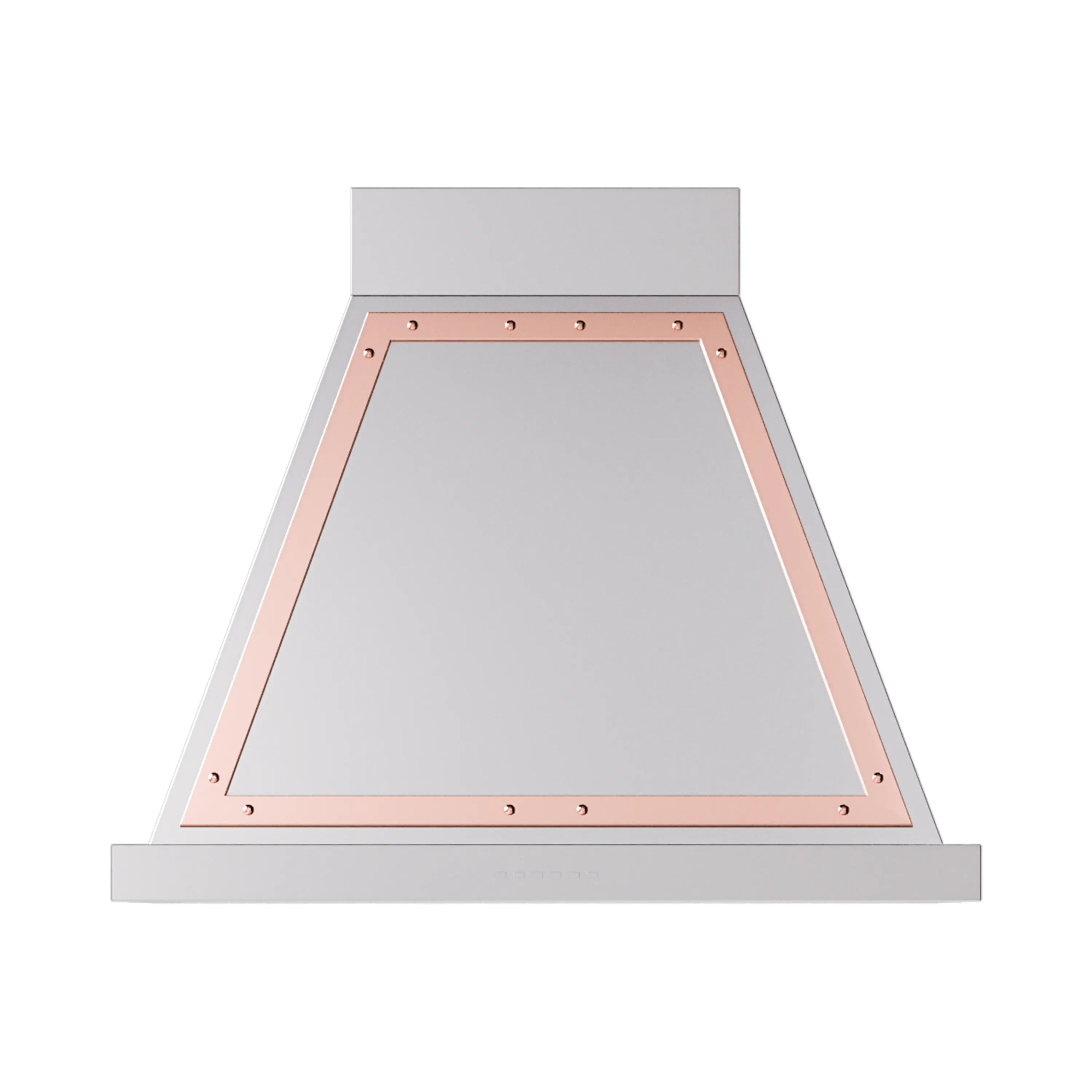 Wall mounted range hood with copper-trimmed canopy and interior baffle panel