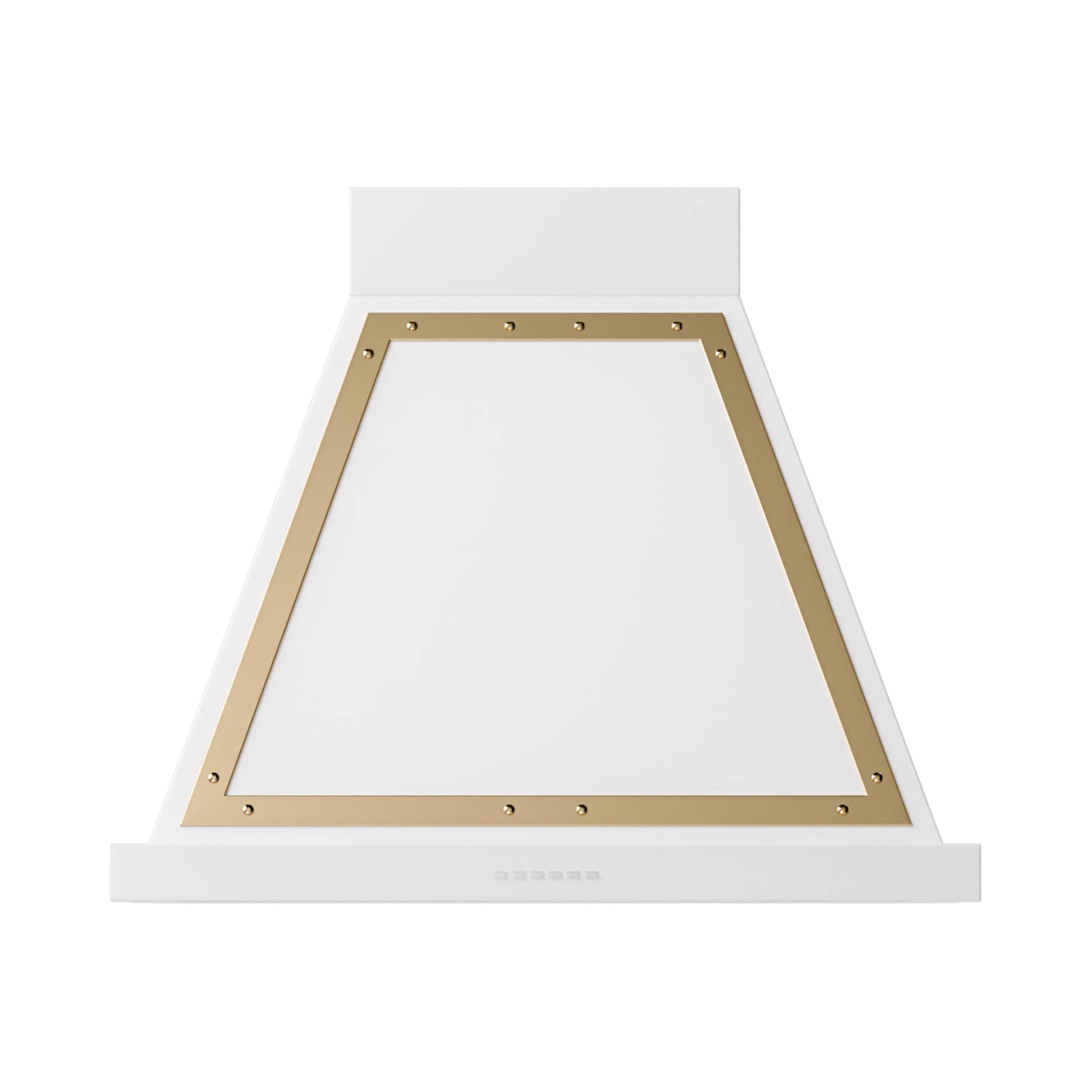 White wall range hood with brass trim frame and recessed vent opening