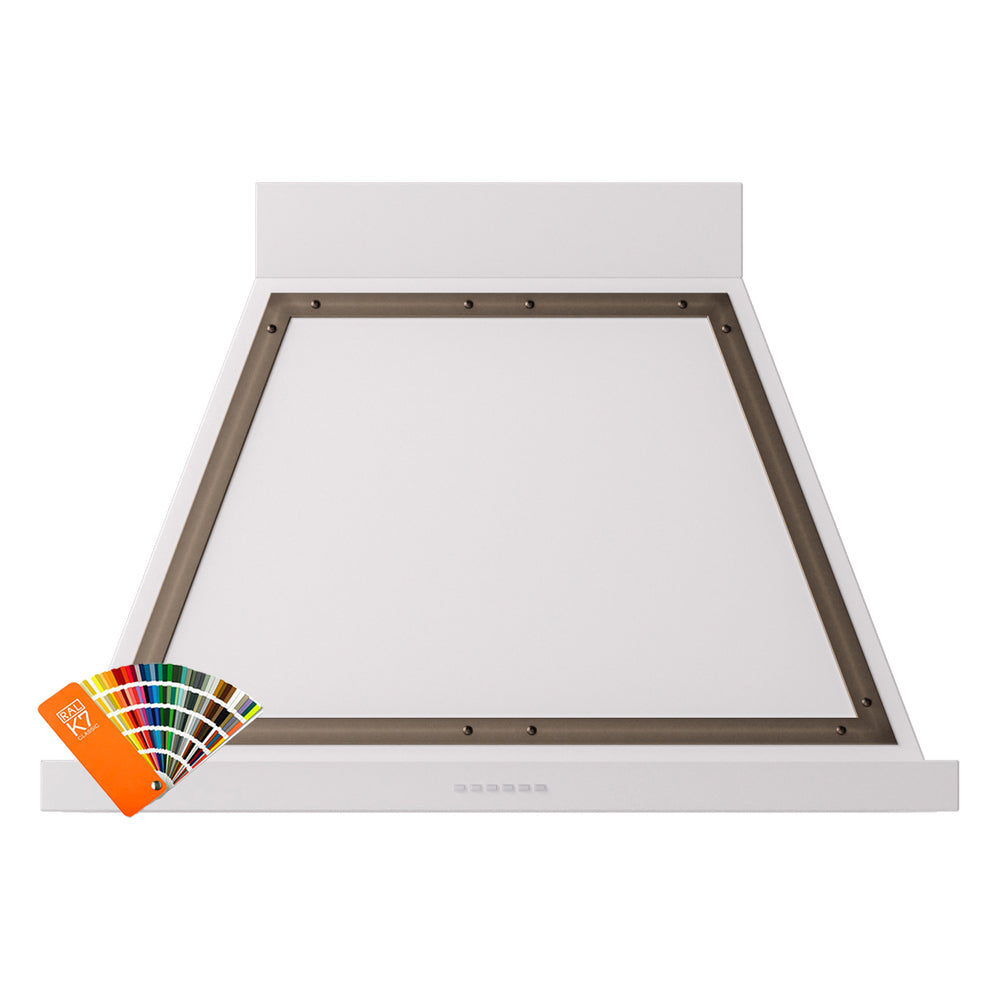 Wall-mounted range hood underside with bronze vent frame and white housing