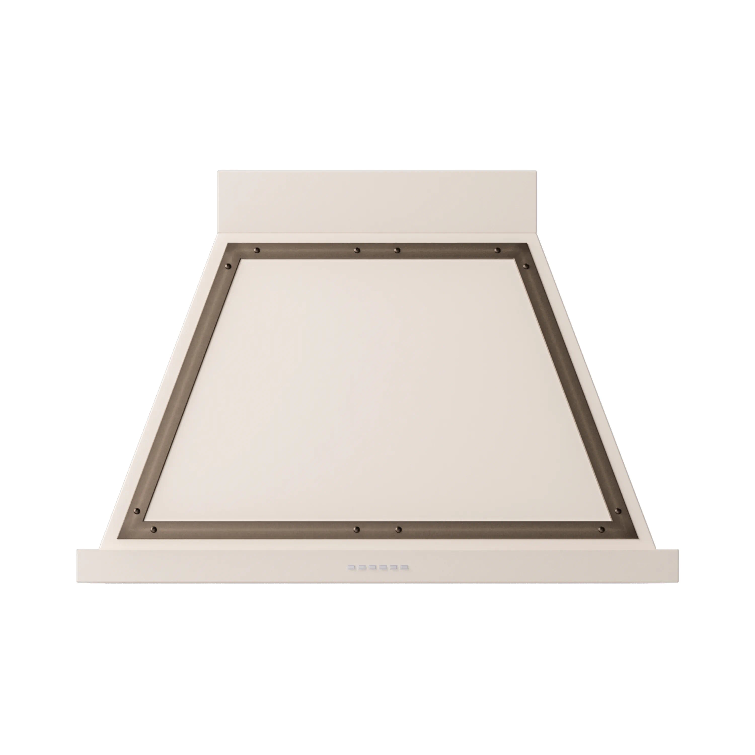Antique white wall-mount range hood with bronze-trimmed opening and mesh filter