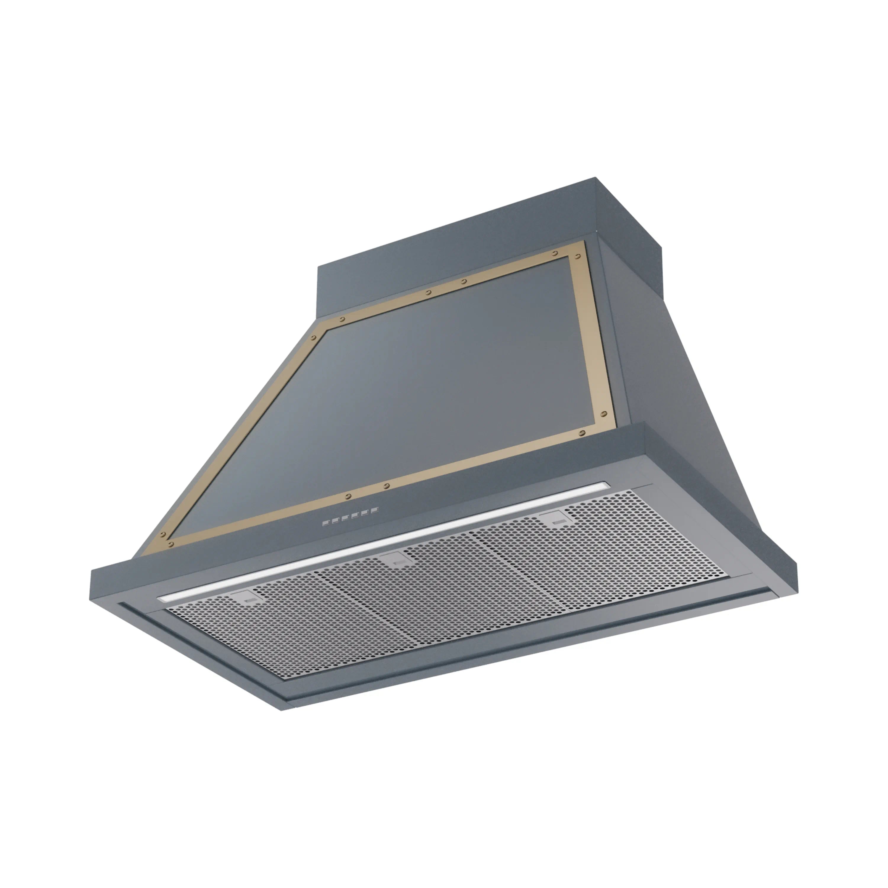 Wall-mounted range hood with blue-gray chimney, brass trim, and mesh filter panel
