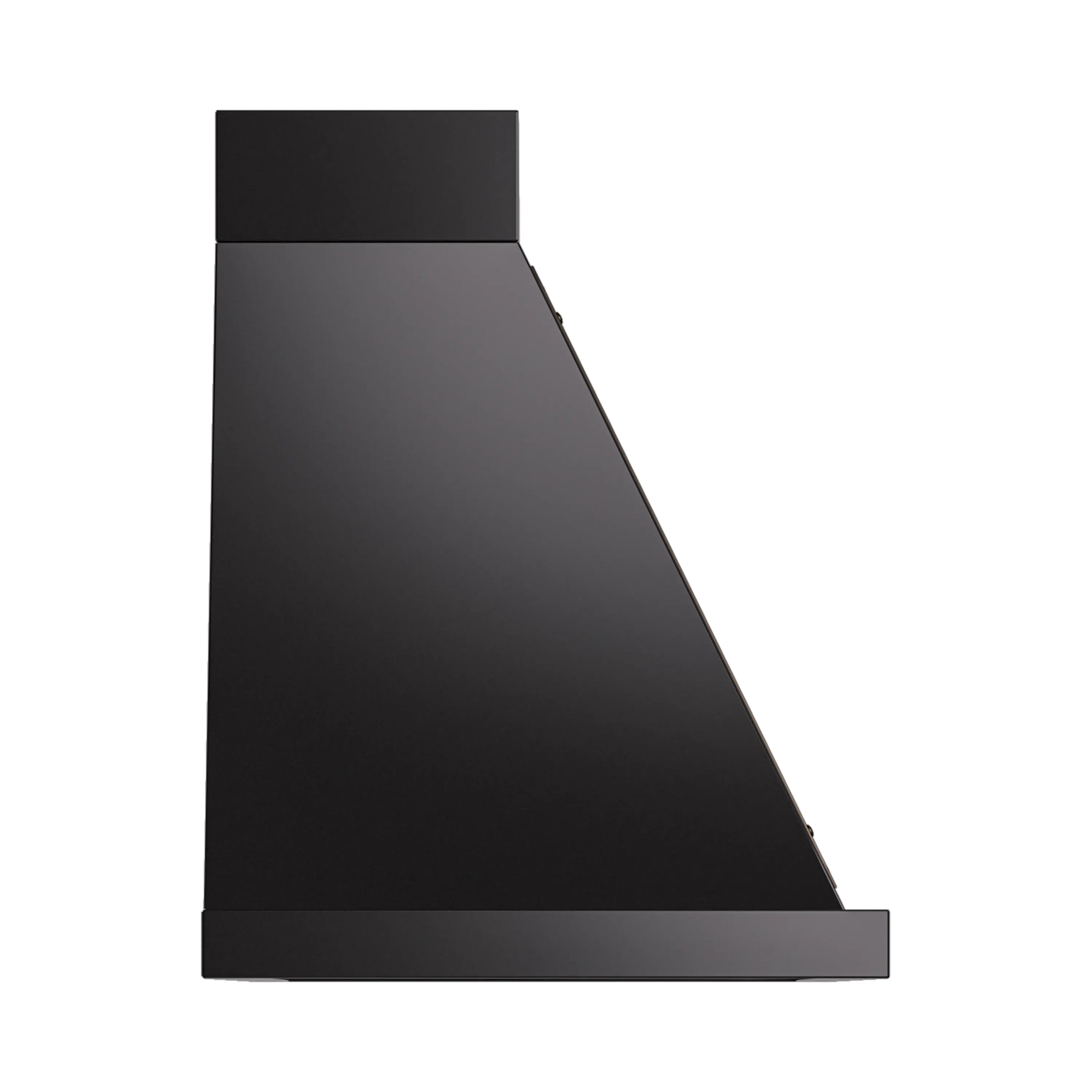 Black wall-mounted range hood with slanted chimney and flat bottom vent panel
