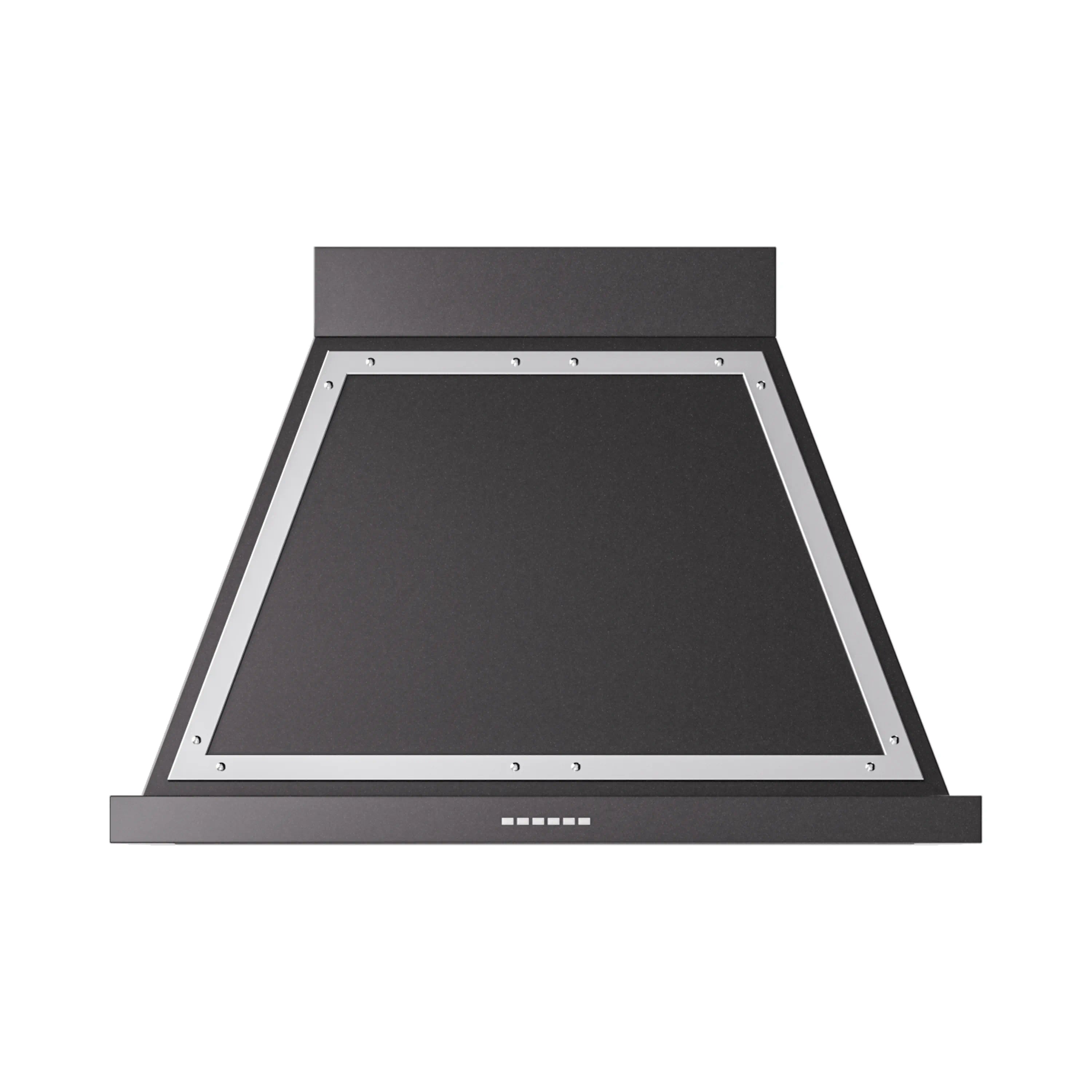 Wall-mounted range hood canopy with chrome frame and glossy black finish