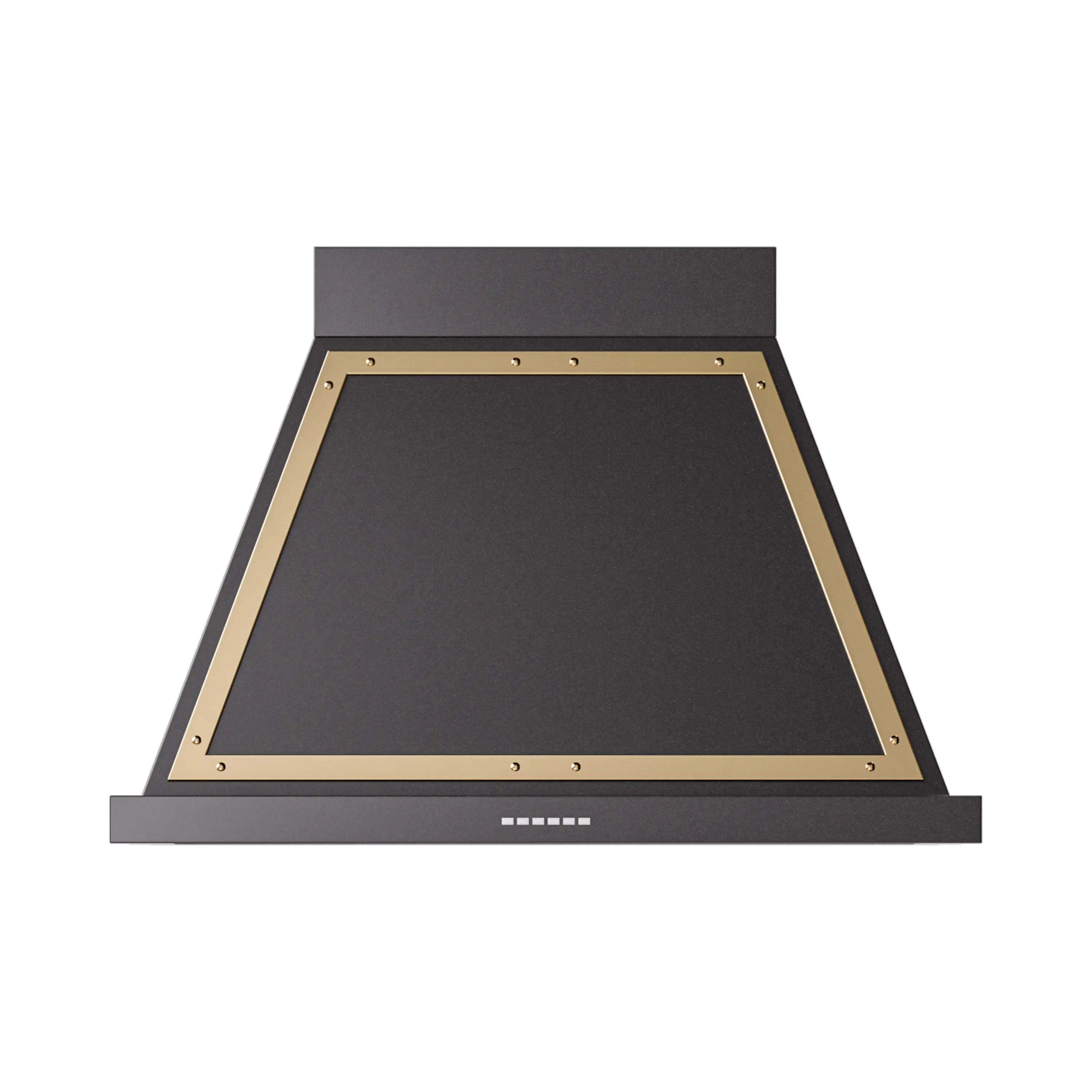 Wall mounted range hood with brass-trimmed glass canopy and mesh filter